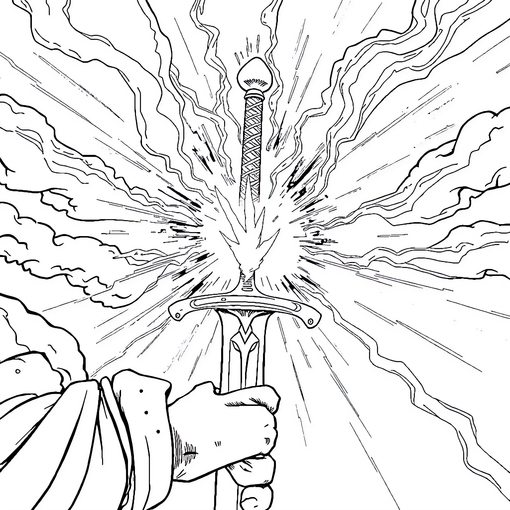 Sword piercing through the clouds with a burst of energy Coloring Page (free black-and-white line drawing printable PDF for all, from beginners to advanced learners, including children, teens, adults, and seniors)