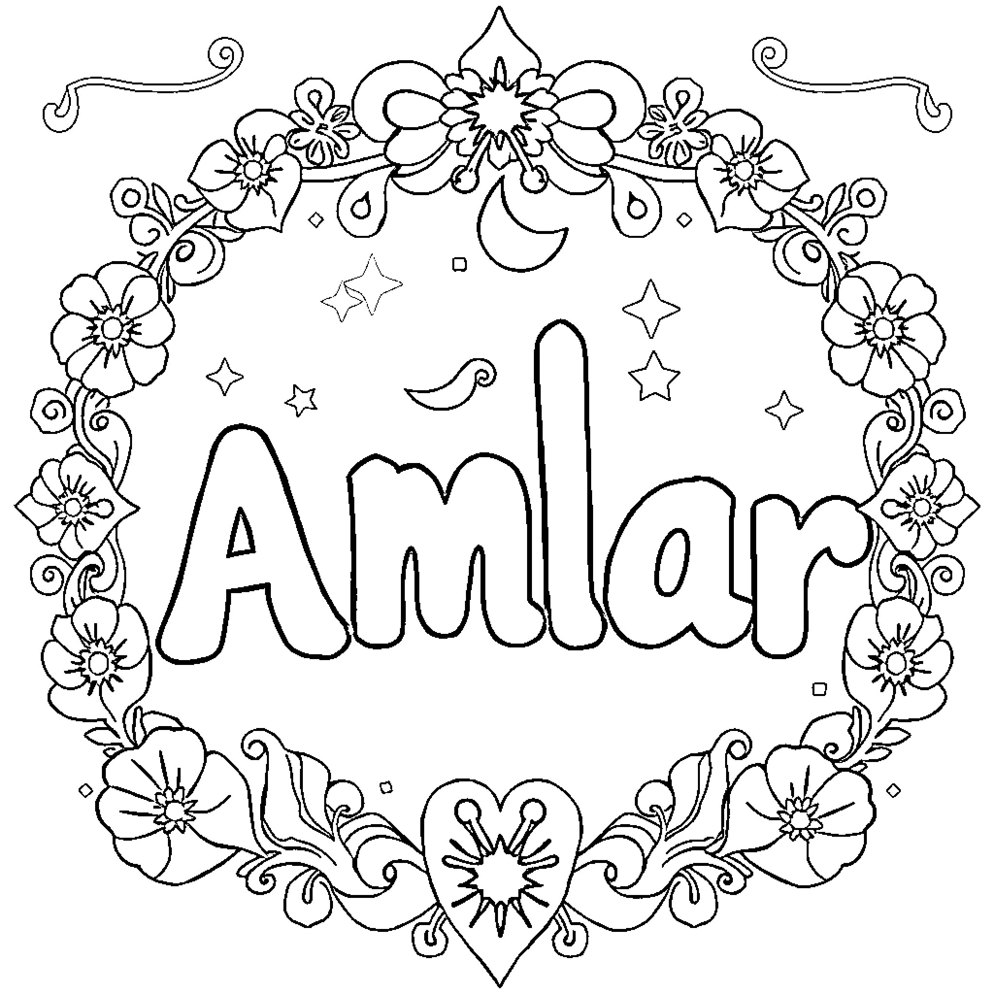 Amir's Floral Name Art Coloring Page (free black-and-white line drawing printable PDF for all, from beginners to advanced learners, including children, teens, adults, and seniors)