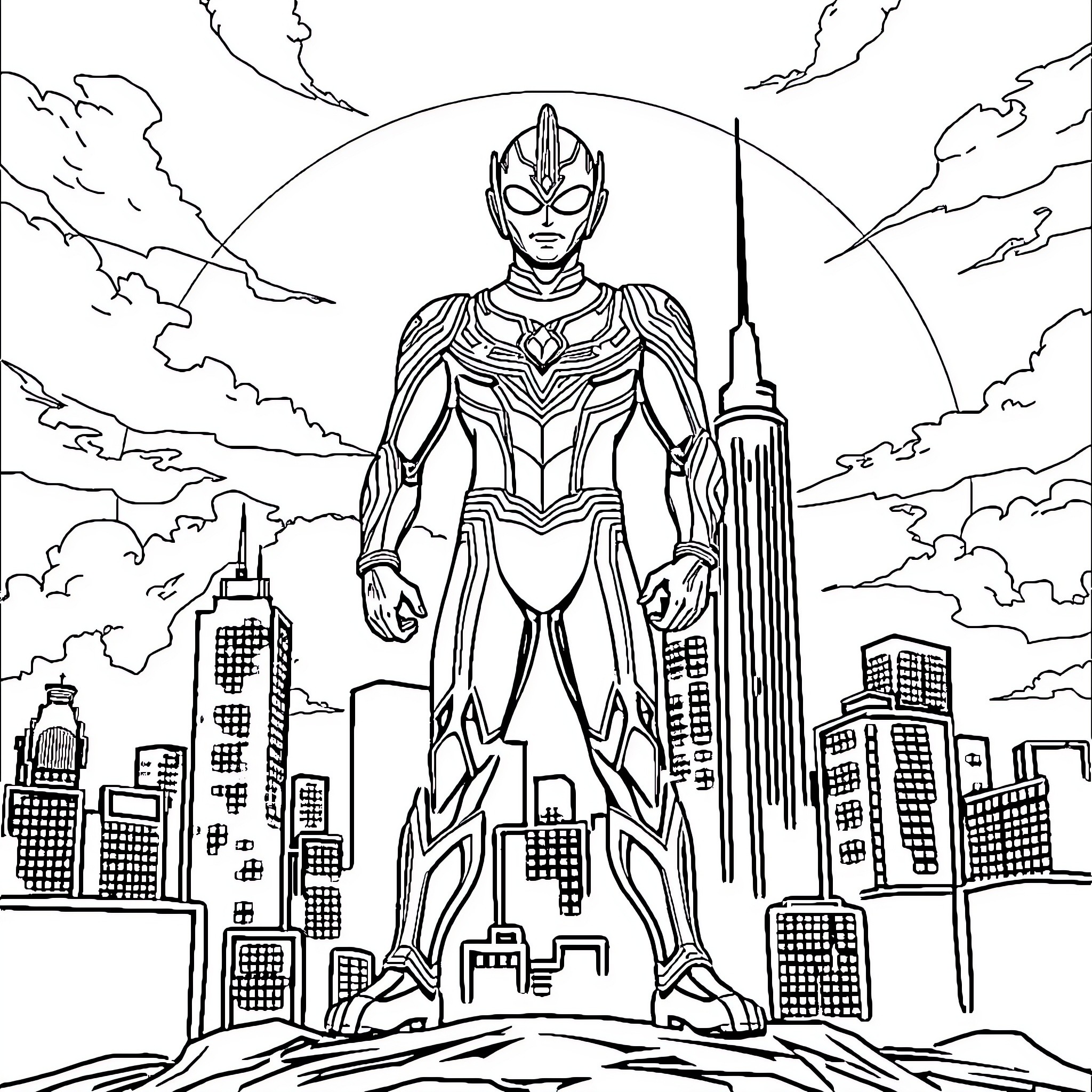 Ultraman Heroically Stands Tall in the City Coloring Page (free black-and-white line drawing printable PDF for all, from beginners to advanced learners, including children, teens, adults, and seniors)