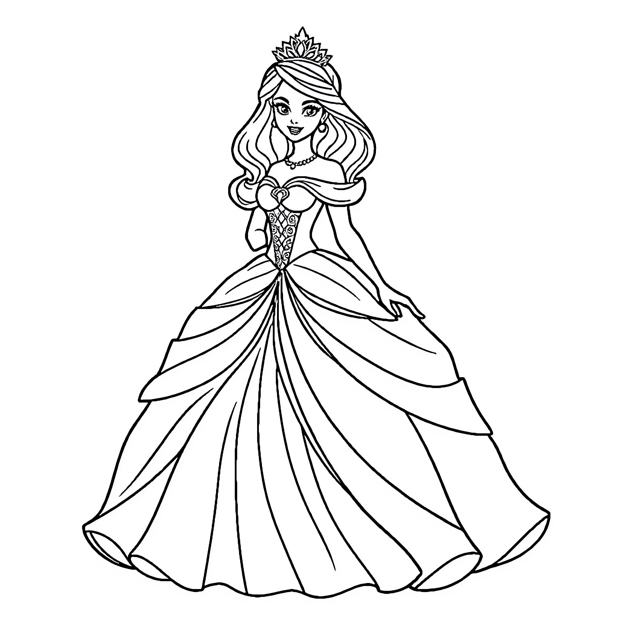 Princess in Elegant Gown with Crown Coloring Page (free black-and-white line drawing printable PDF for all, from beginners to advanced learners, including children, teens, adults, and seniors)