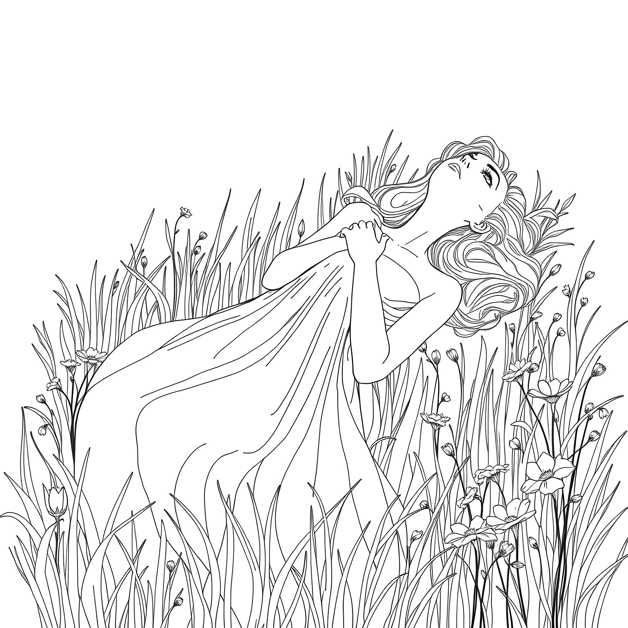Woman surrounded by flowing nature and long grass Coloring Page (free black-and-white line drawing printable PDF for all, from beginners to advanced learners, including children, teens, adults, and seniors)
