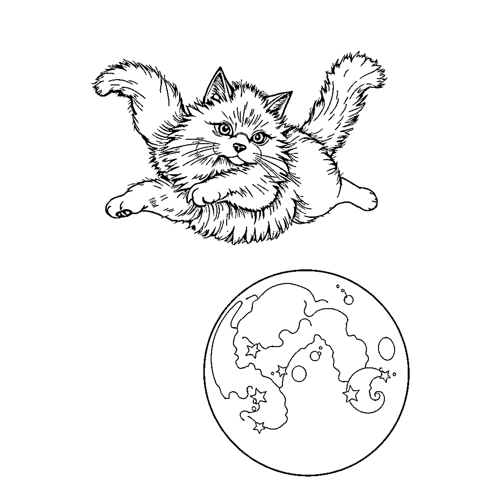 Cat floating gracefully in the cosmos Coloring Page (free black-and-white line drawing printable PDF for all, from beginners to advanced learners, including children, teens, adults, and seniors)
