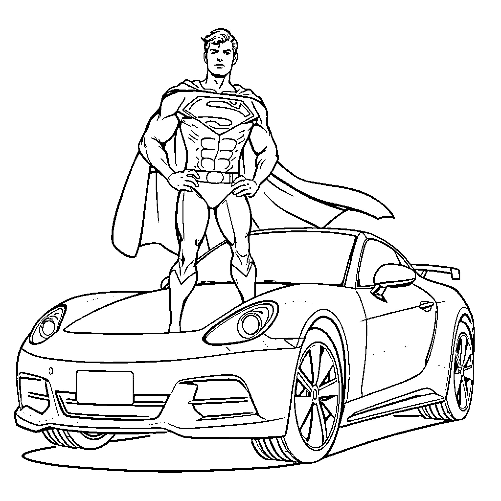 Superman heroically stands beside a sports car Coloring Page (free black-and-white line drawing printable PDF for all, from beginners to advanced learners, including children, teens, adults, and seniors)