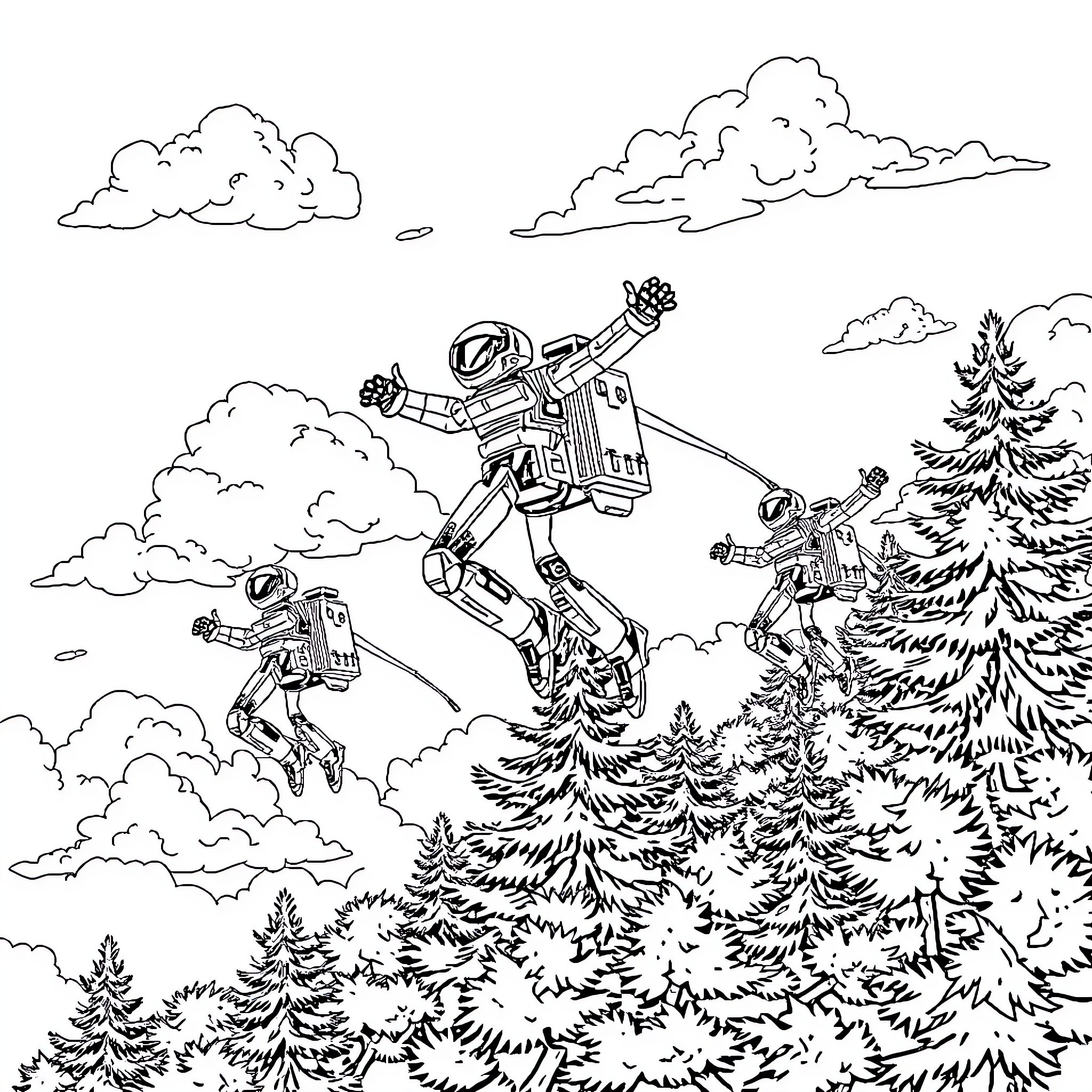 Robot Explorers Navigating Through Forested Landscape Coloring Page (free black-and-white line drawing printable PDF for all, from beginners to advanced learners, including children, teens, adults, and seniors)