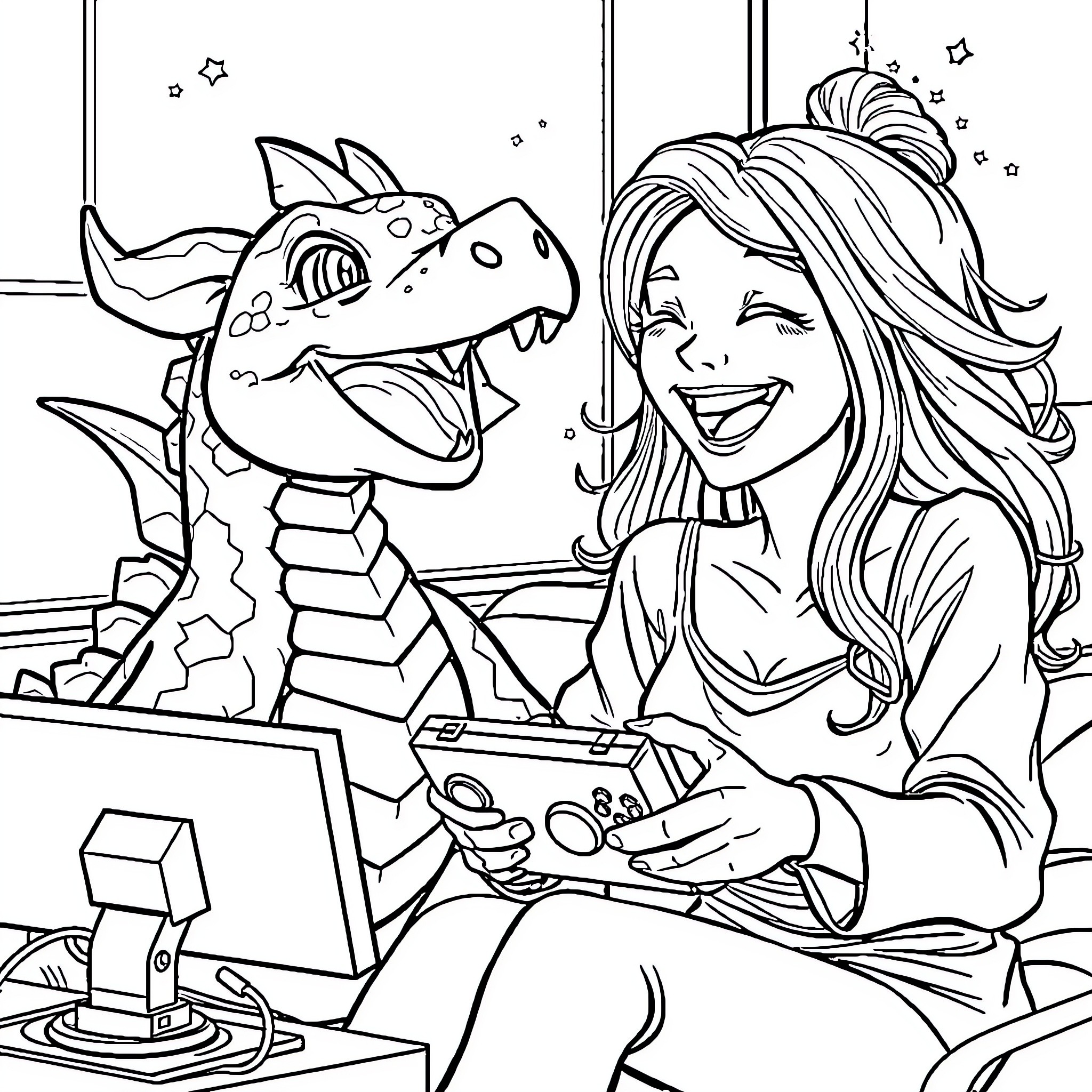 Dragon and Gamer Girl Happily Playing Video Games Coloring Page (free black-and-white line drawing printable PDF for all, from beginners to advanced learners, including children, teens, adults, and seniors)