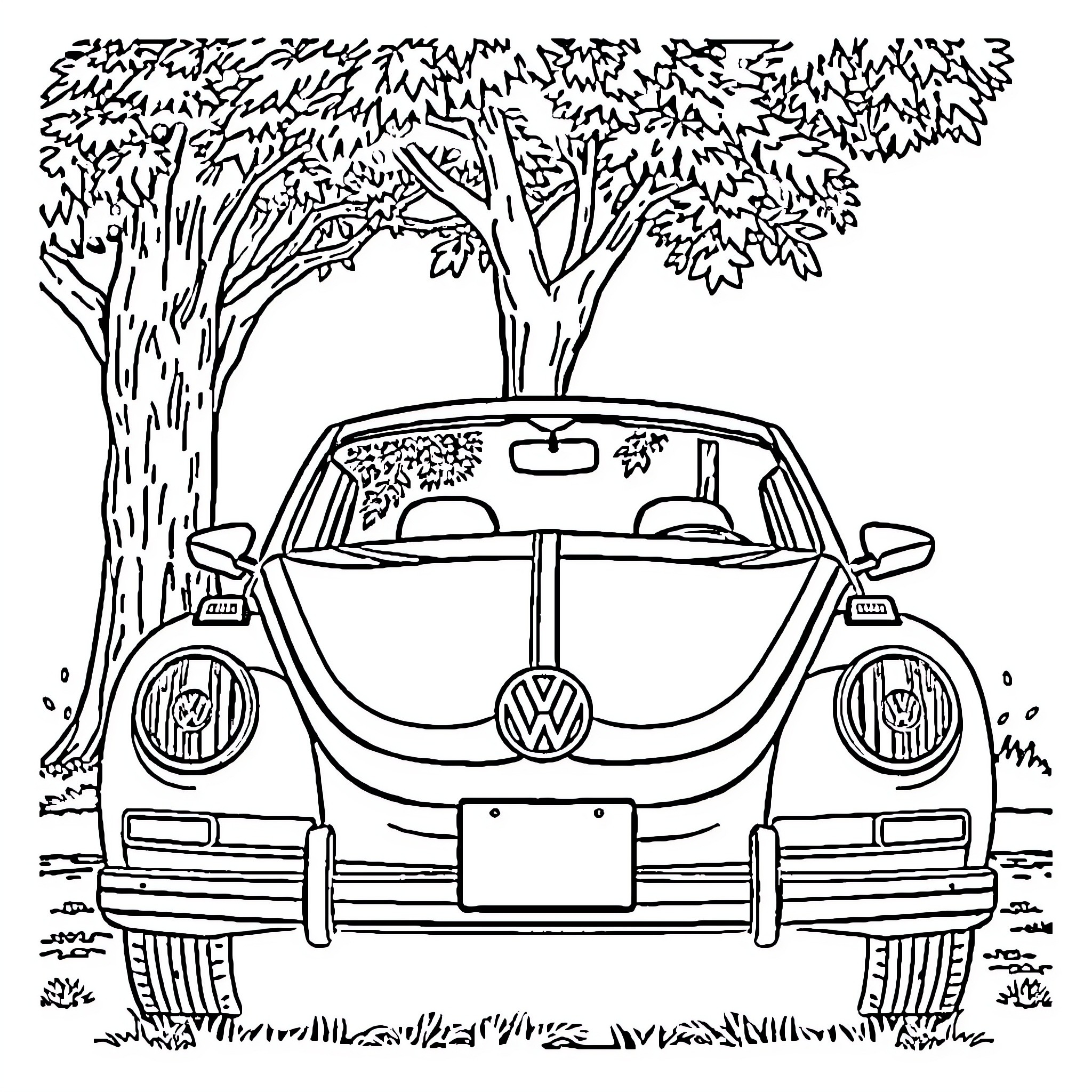 Volkswagen classic car parked in forest setting Coloring Page (free black-and-white line drawing printable PDF for all, from beginners to advanced learners, including children, teens, adults, and seniors)