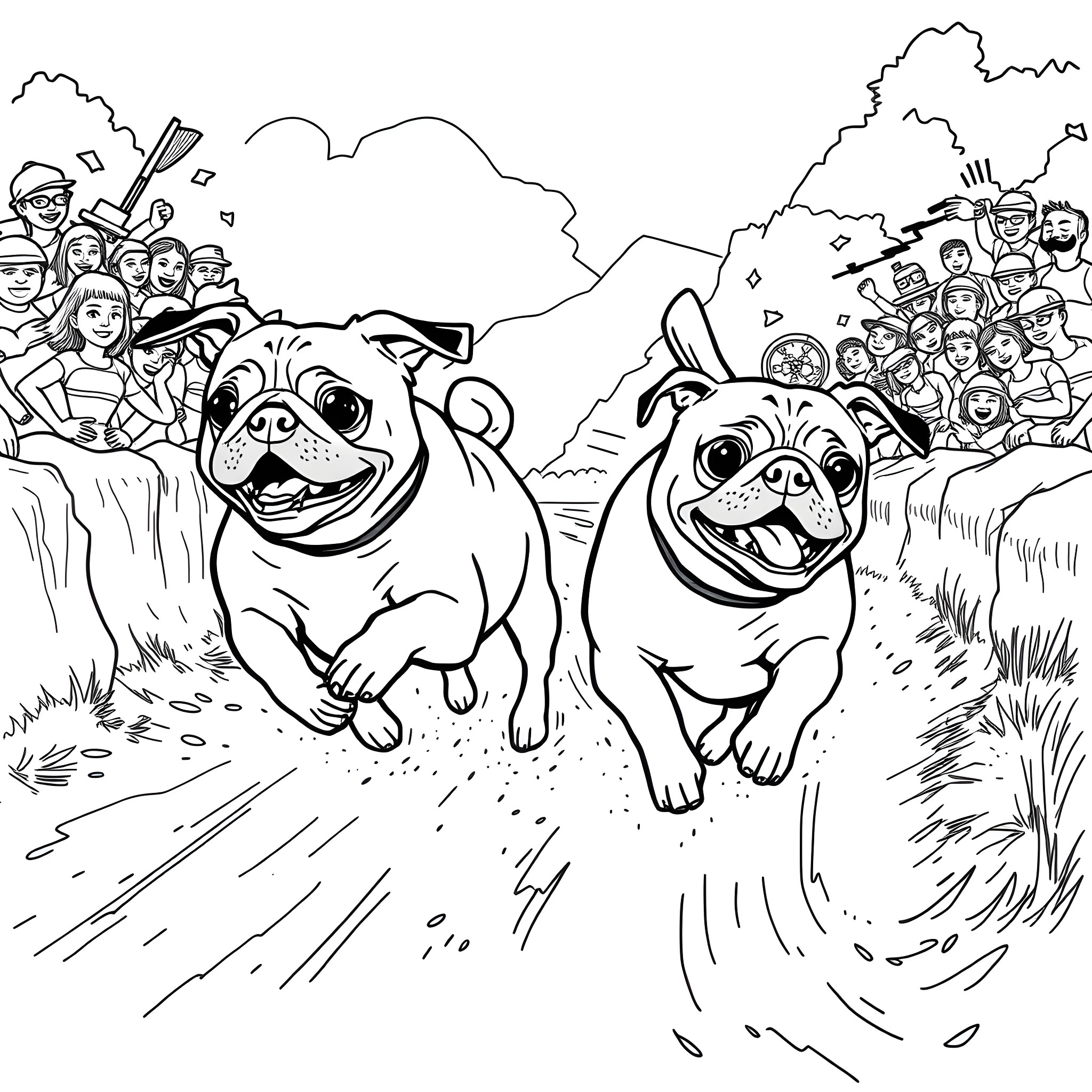 Pug pals running happily through the crowd Coloring Page (free black-and-white line drawing printable PDF for all, from beginners to advanced learners, including children, teens, adults, and seniors)
