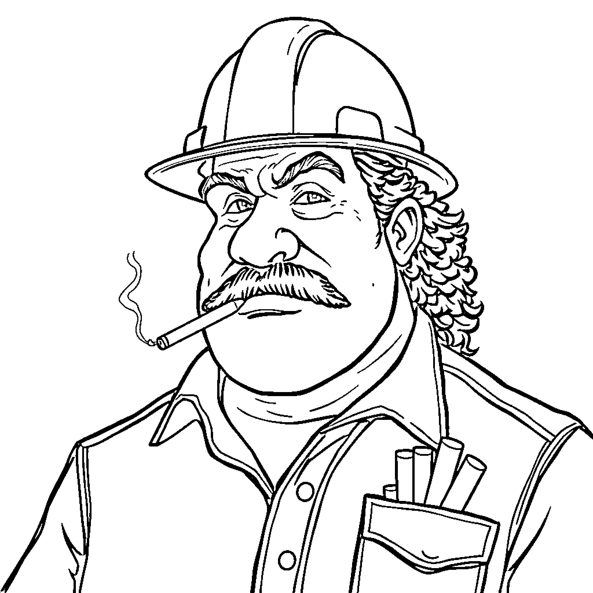 Man in hardhat with cigarette and tools Coloring Page (free black-and-white line drawing printable PDF for all, from beginners to advanced learners, including children, teens, adults, and seniors)