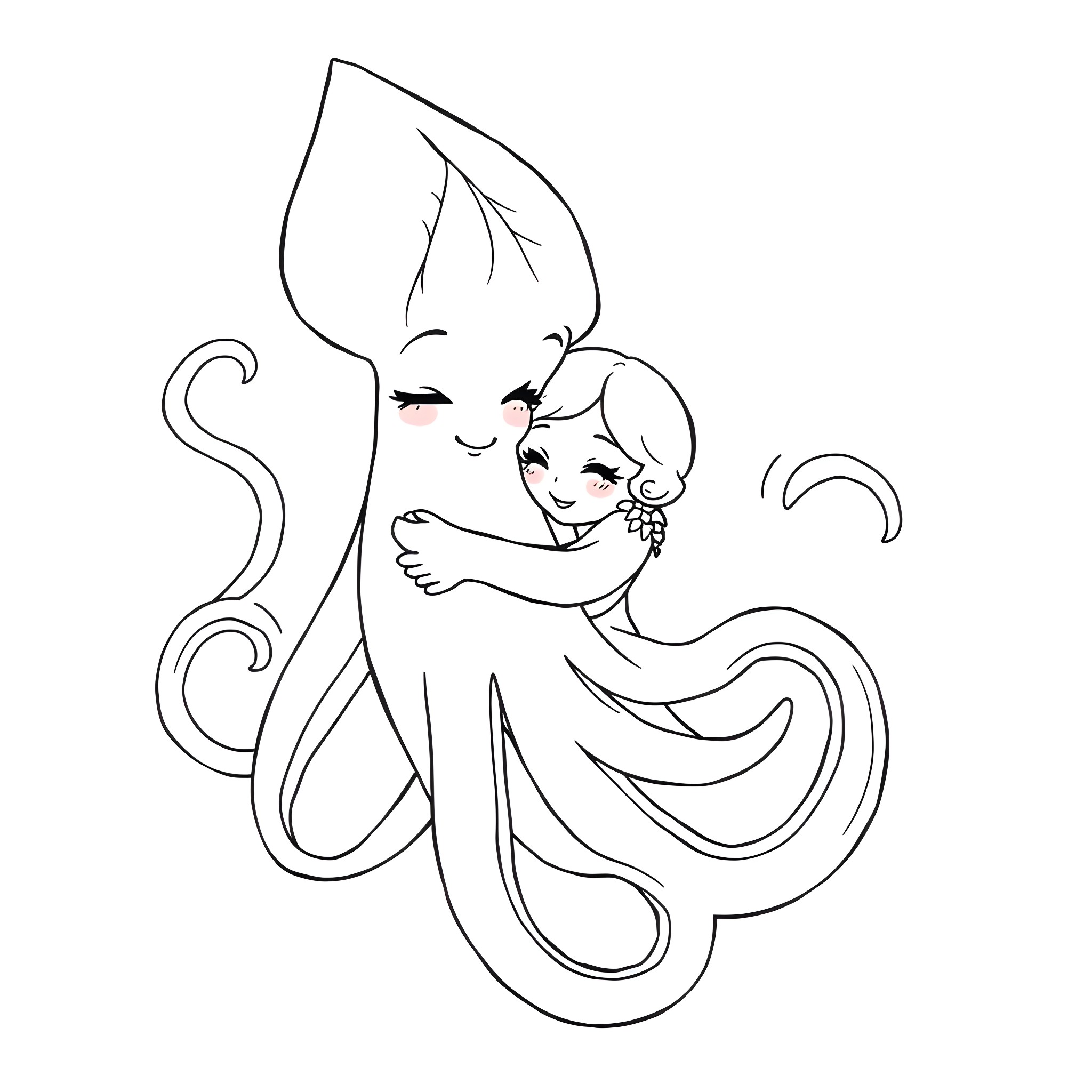 Kurami and her child in a tender embrace Coloring Page (free black-and-white line drawing printable PDF for all, from beginners to advanced learners, including children, teens, adults, and seniors)