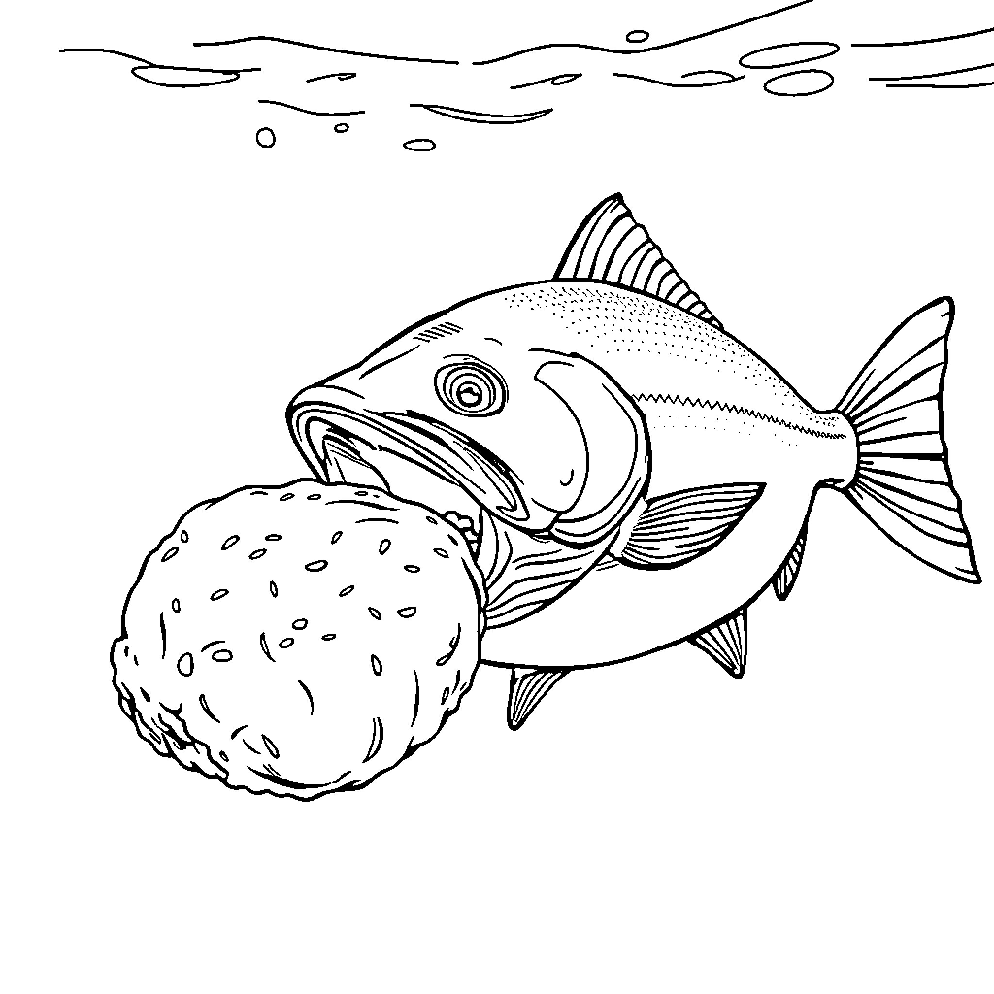 Salmon swimming near puffer fish in the ocean Coloring Page (free black-and-white line drawing printable PDF for all, from beginners to advanced learners, including children, teens, adults, and seniors)
