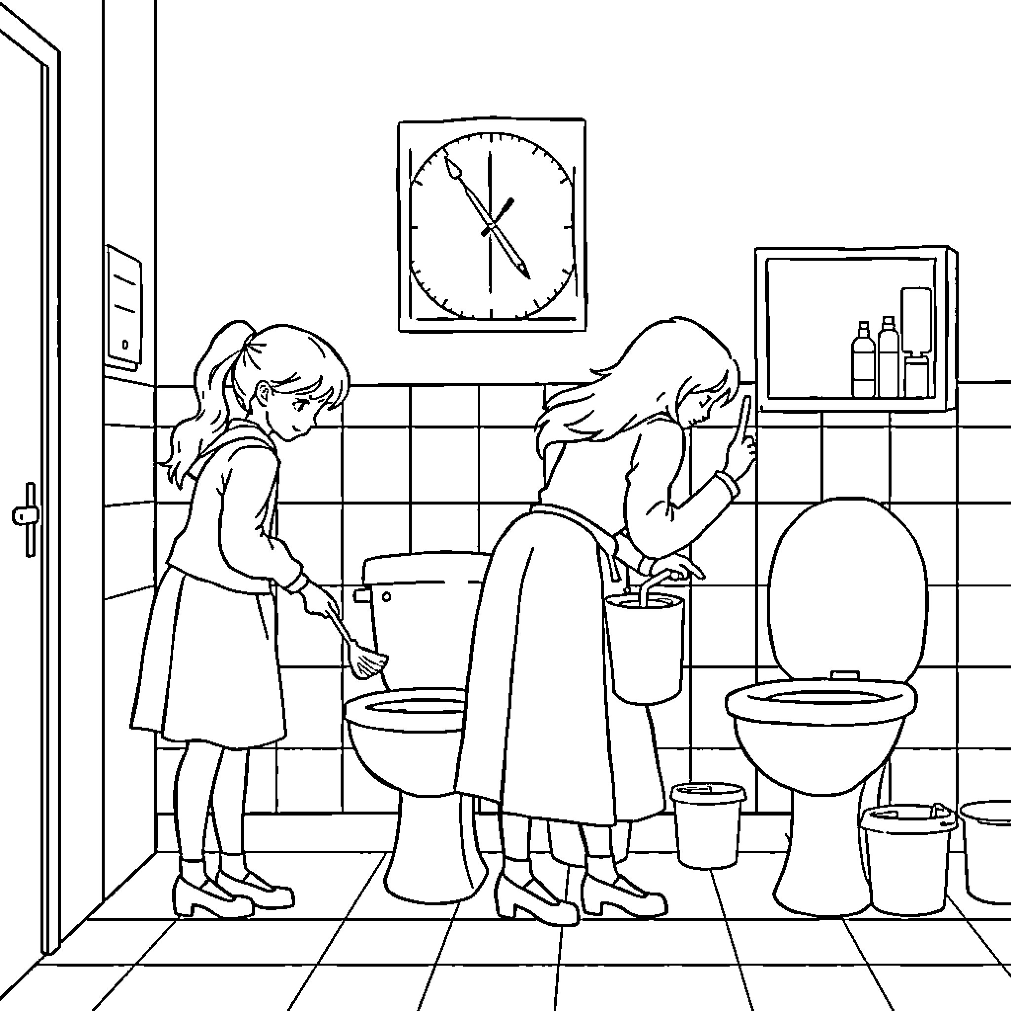 Friends helping each other in the bathroom Coloring Page (free black-and-white line drawing printable PDF for all, from beginners to advanced learners, including children, teens, adults, and seniors)