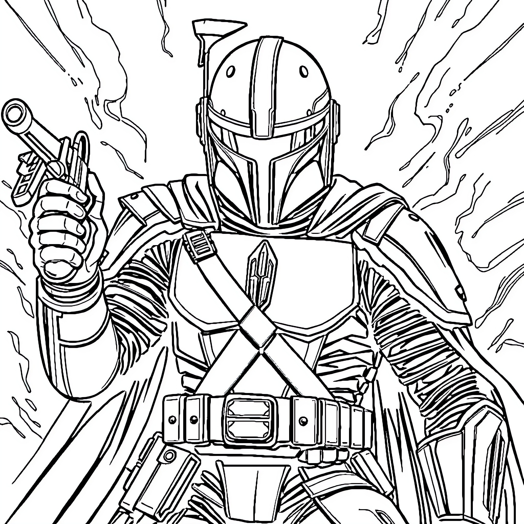 Power Ranger Warrior Wielding Futuristic Weapon Coloring Page (free black-and-white line drawing printable PDF for all, from beginners to advanced learners, including children, teens, adults, and seniors)