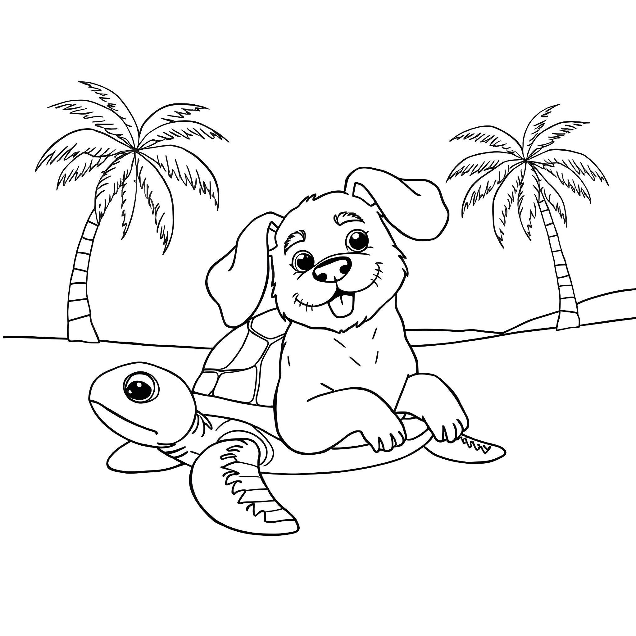 Dog Turtle Enjoying Tropical Beach Day Coloring Page (free black-and-white line drawing printable PDF for all, from beginners to advanced learners, including children, teens, adults, and seniors)