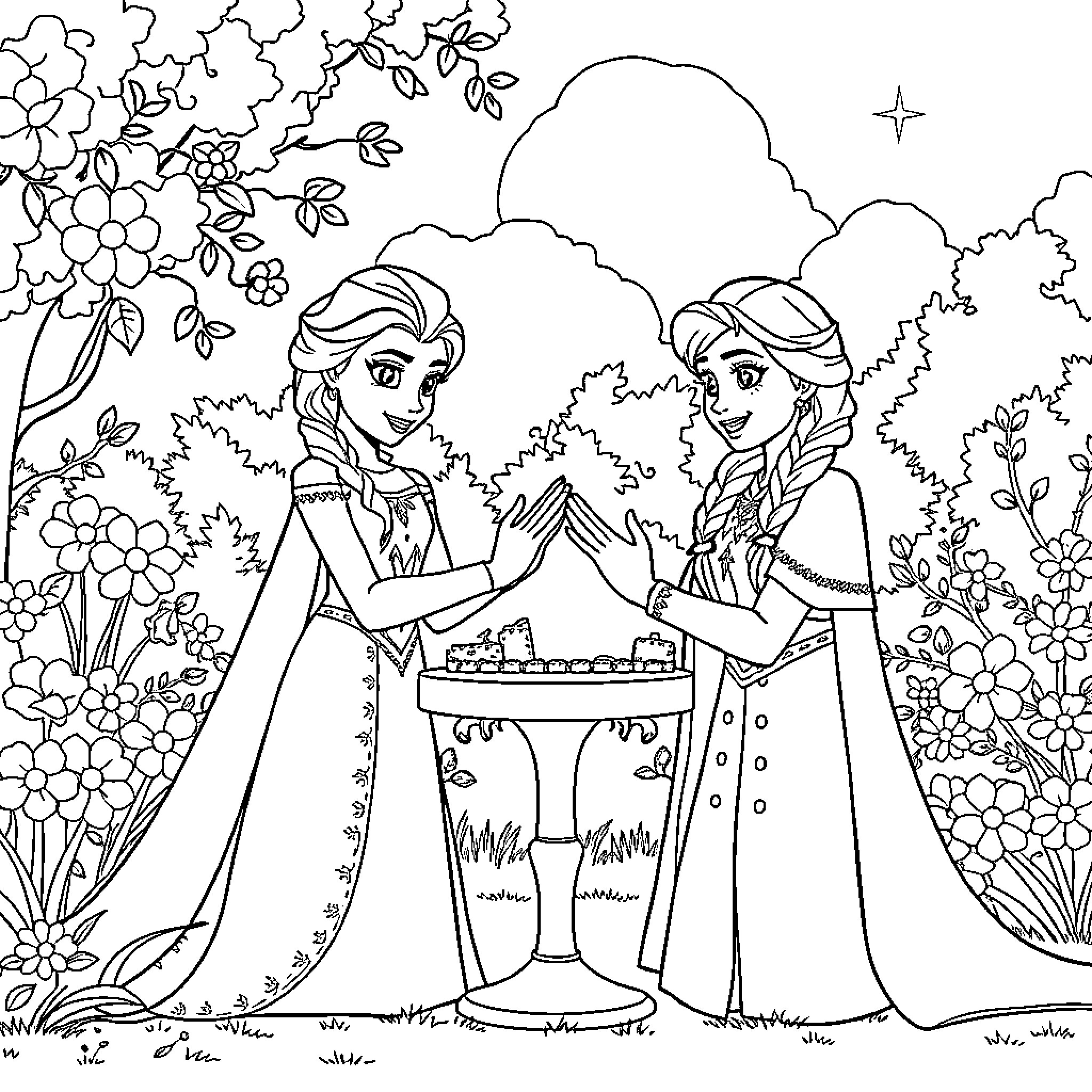 Elsa and Anna enjoying a picnic in the garden Coloring Page (free black-and-white line drawing printable PDF for all, from beginners to advanced learners, including children, teens, adults, and seniors)