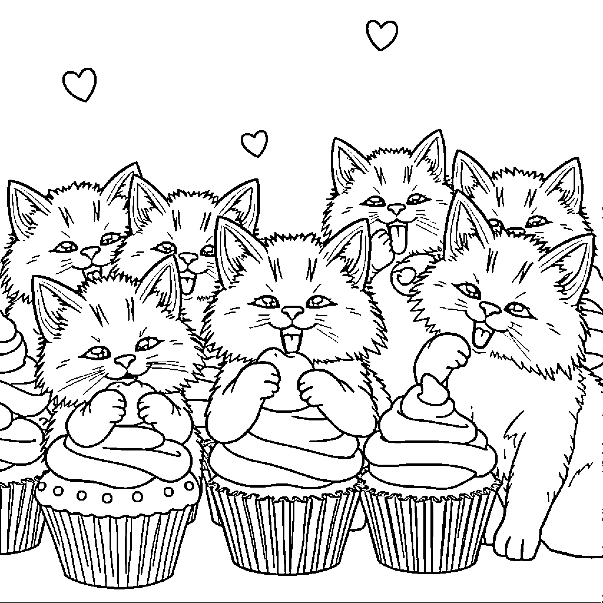 Cats Enjoying Cupcakes Coloring Page (free black-and-white line drawing printable PDF for all, from beginners to advanced learners, including children, teens, adults, and seniors)