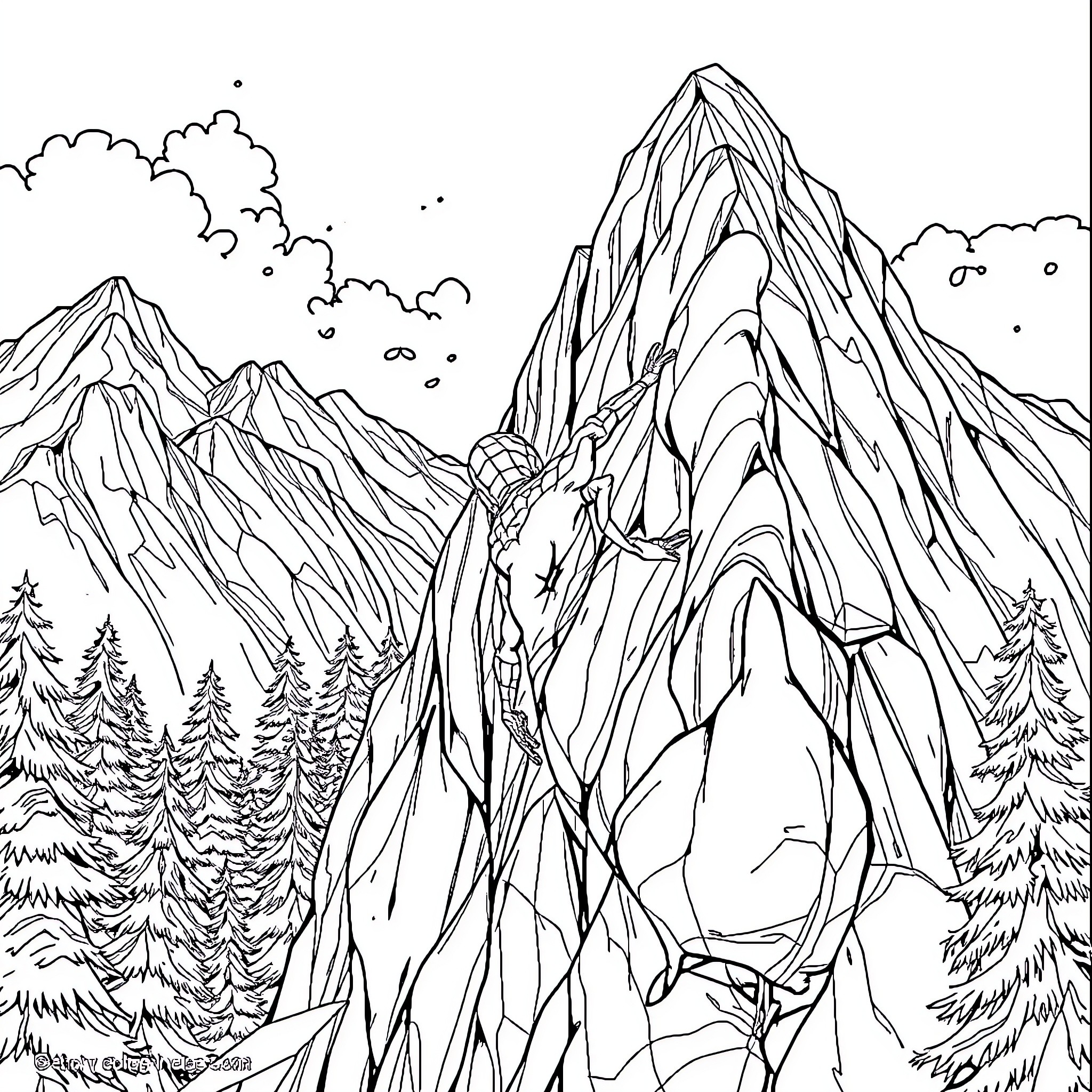 Spiderman scaling a majestic mountain landscape Coloring Page (free black-and-white line drawing printable PDF for all, from beginners to advanced learners, including children, teens, adults, and seniors)