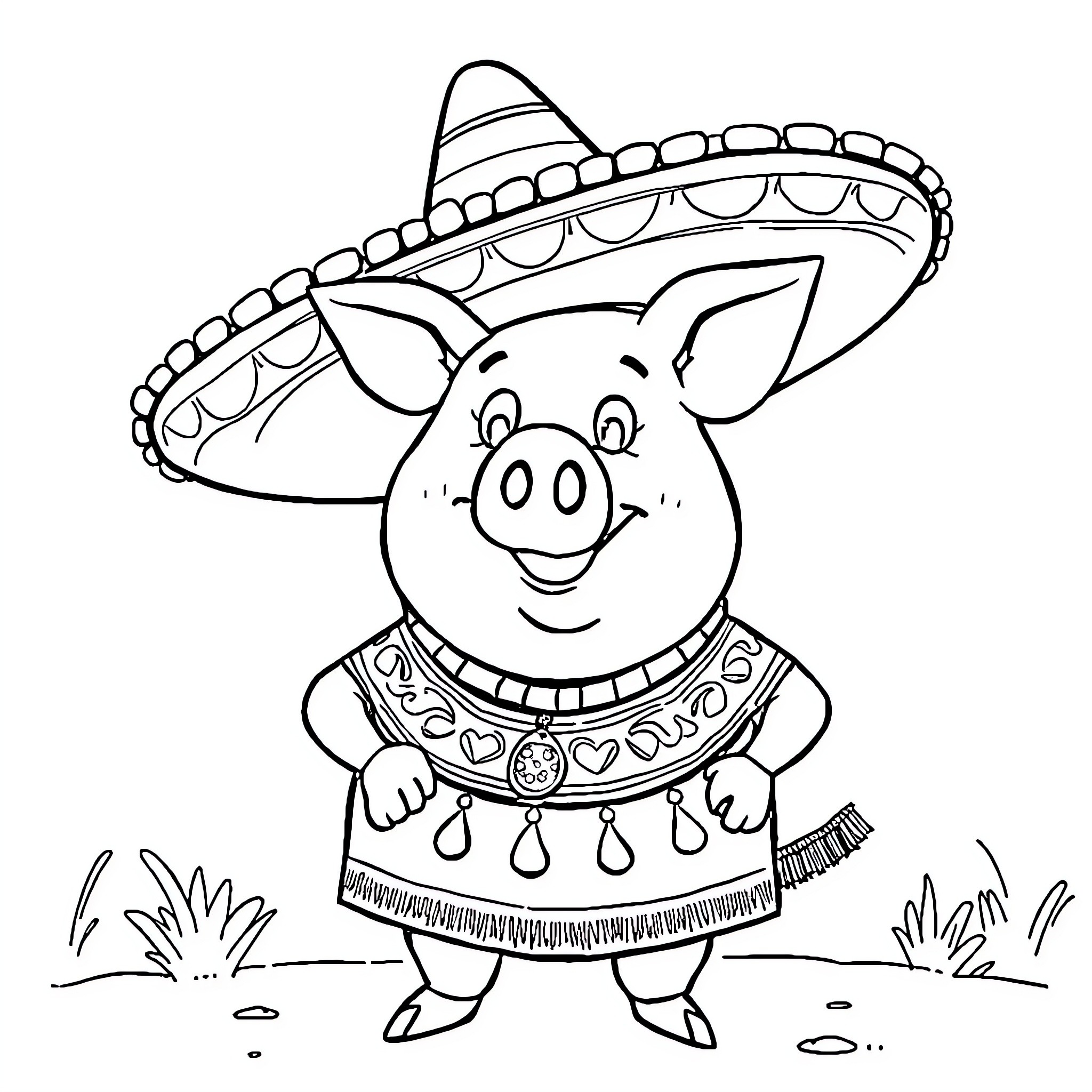 Porky Pig in a Sombrero and Traditional Outfit Coloring Page (free black-and-white line drawing printable PDF for all, from beginners to advanced learners, including children, teens, adults, and seniors)