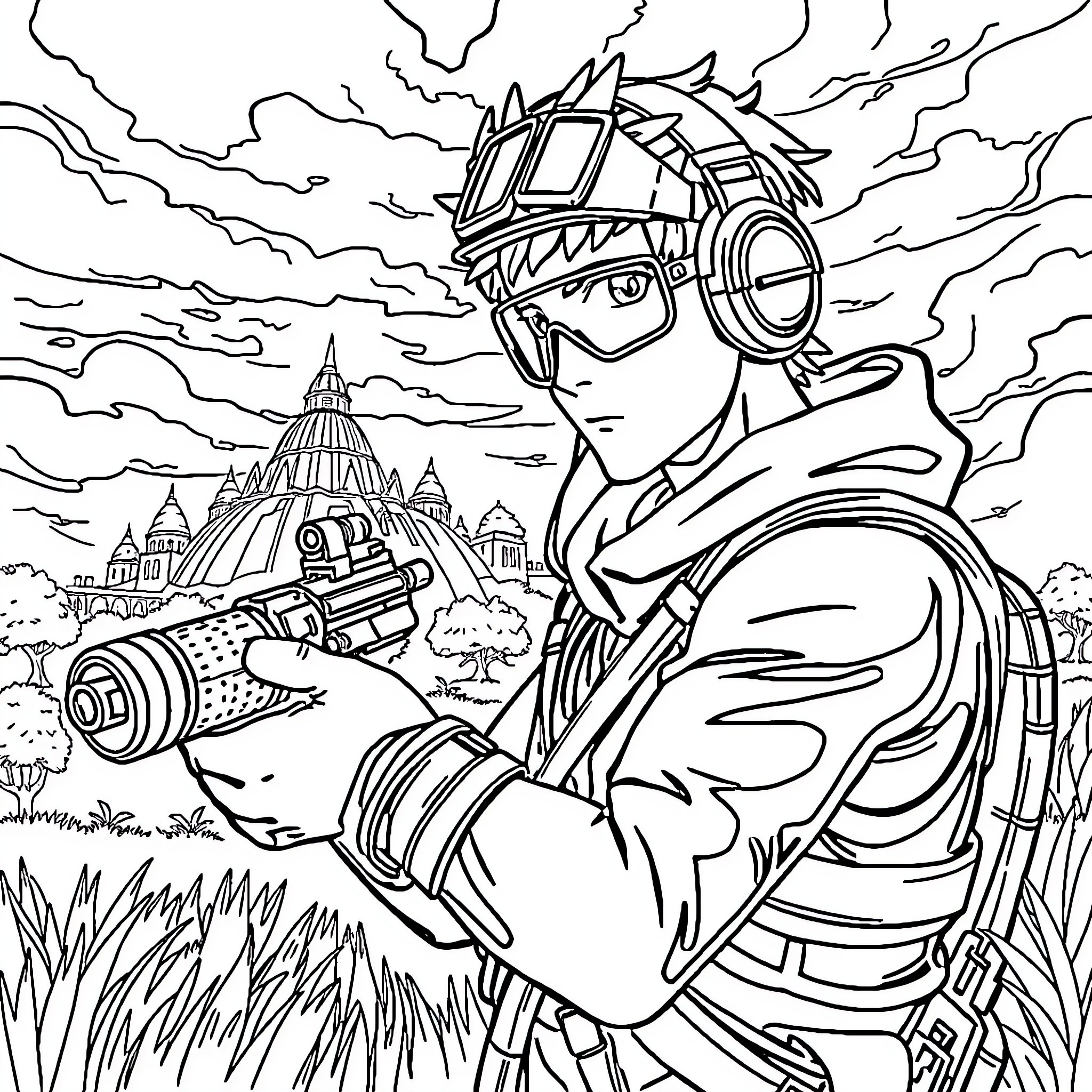 Fortnite Player Exploring Mysterious Landscape Coloring Page (free black-and-white line drawing printable PDF for all, from beginners to advanced learners, including children, teens, adults, and seniors)