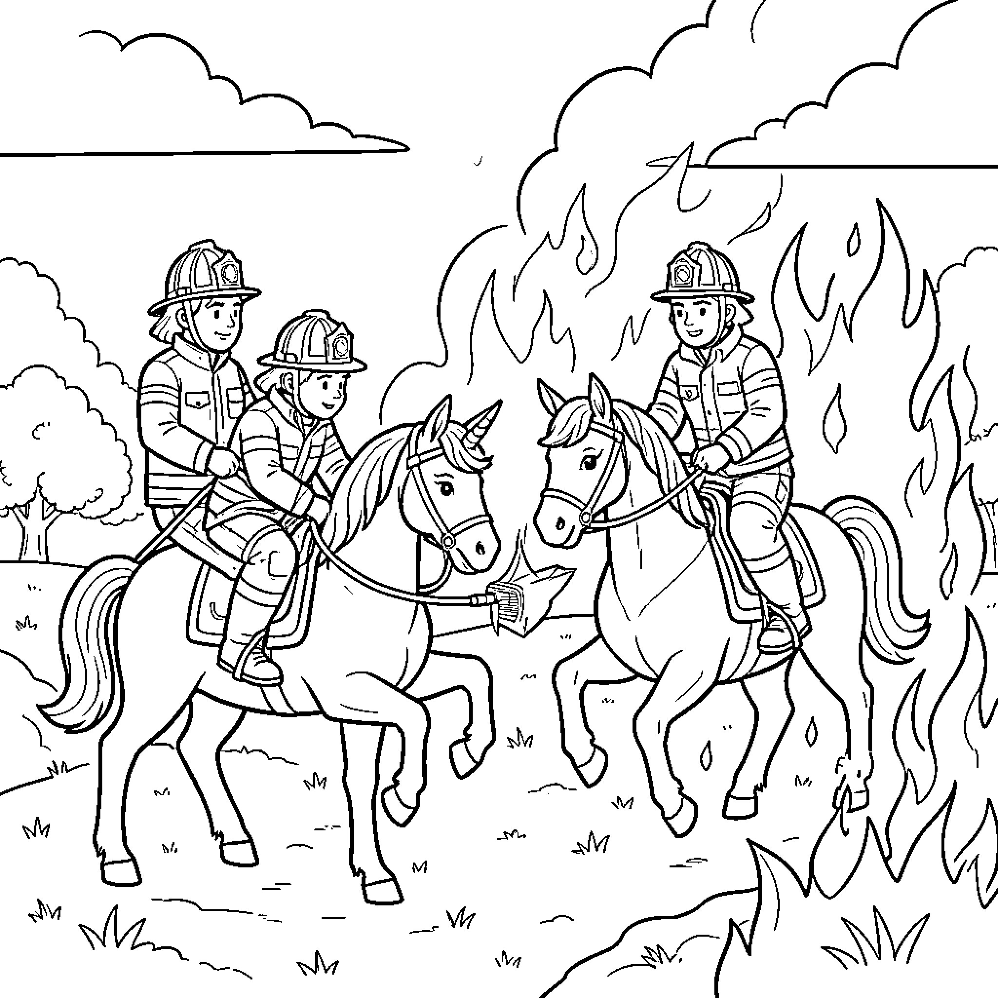 Firefighters riding horses near large flames Coloring Page (free black-and-white line drawing printable PDF for all, from beginners to advanced learners, including children, teens, adults, and seniors)