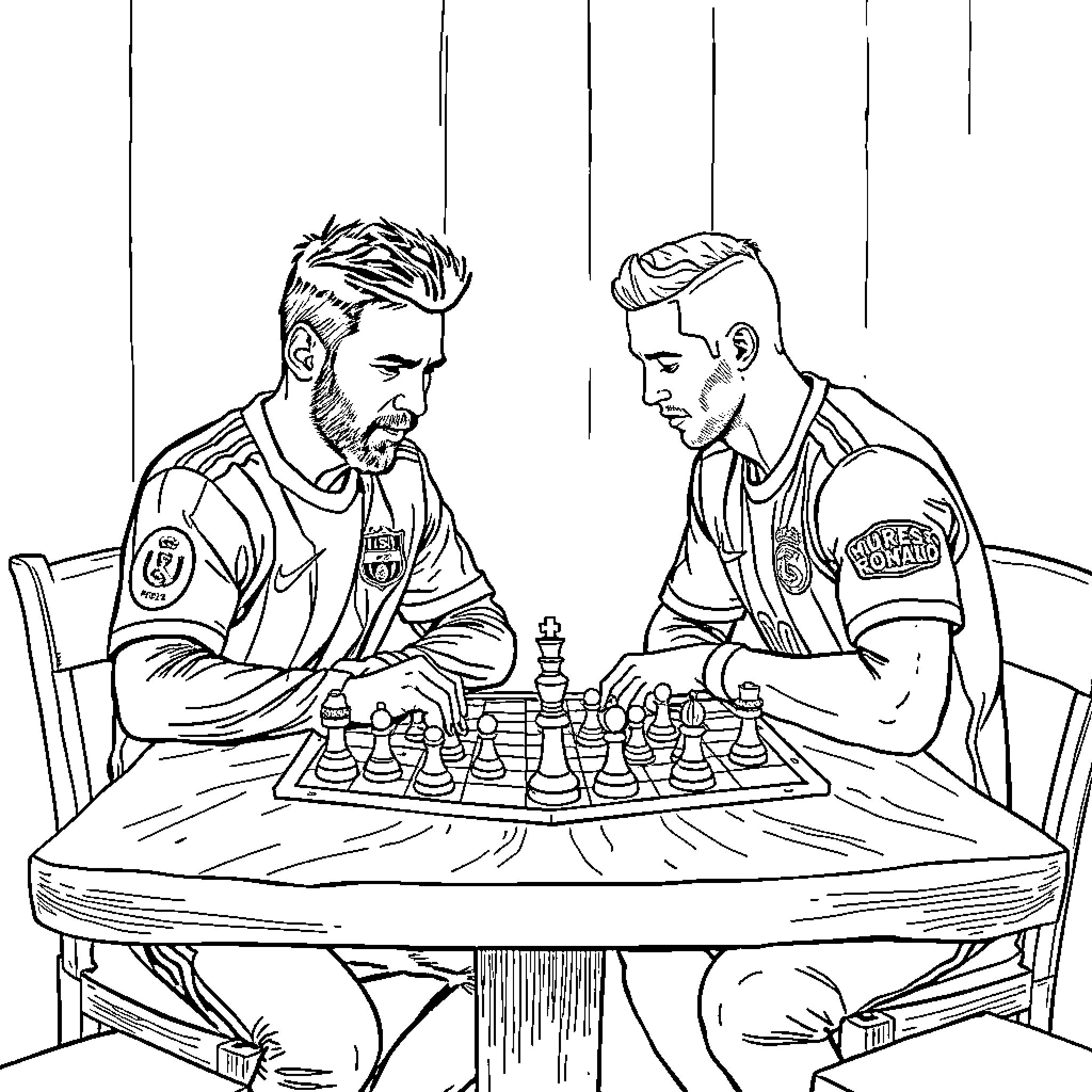 Messi and Ronaldo playing chess intently Coloring Page (free black-and-white line drawing printable PDF for all, from beginners to advanced learners, including children, teens, adults, and seniors)