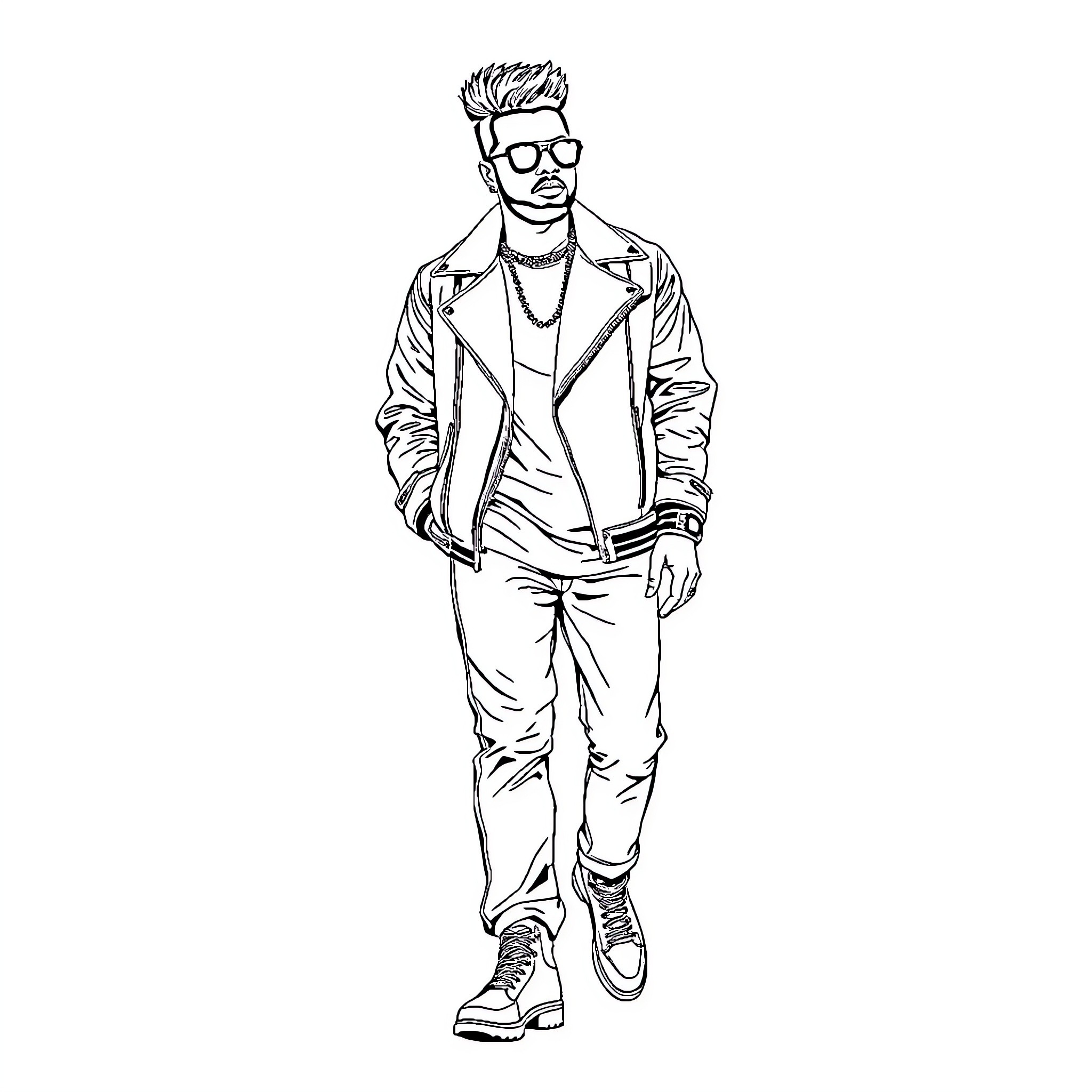 The Weeknd strutting in stylish casual attire Coloring Page (free black-and-white line drawing printable PDF for all, from beginners to advanced learners, including children, teens, adults, and seniors)