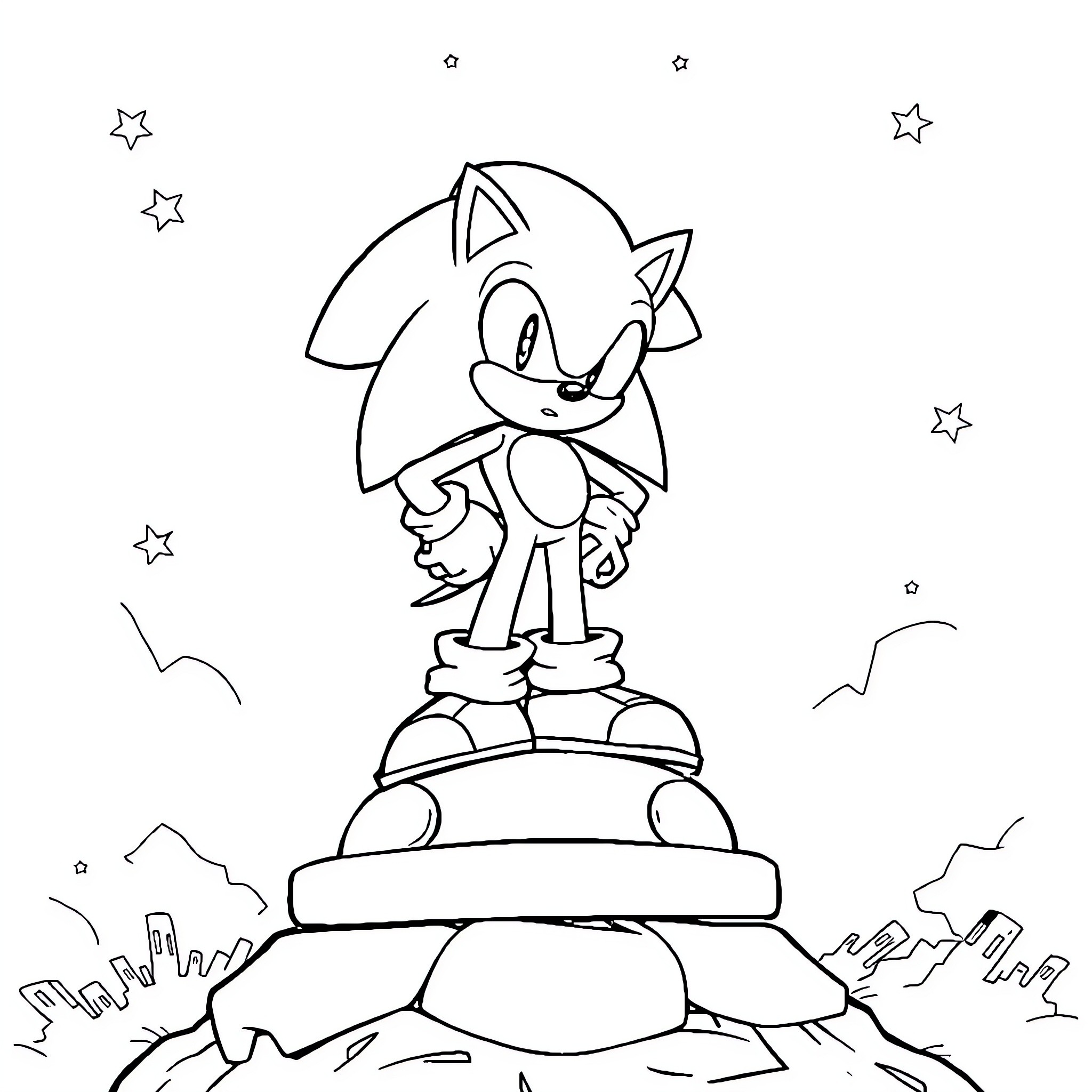 Sonic standing proudly on a rocky mountain Coloring Page (free black-and-white line drawing printable PDF for all, from beginners to advanced learners, including children, teens, adults, and seniors)