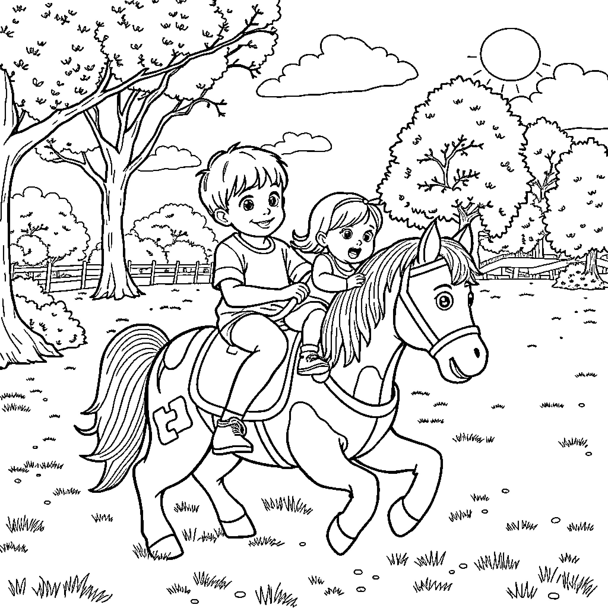 Child riding horse with friend on a sunny day Coloring Page (free black-and-white line drawing printable PDF for all, from beginners to advanced learners, including children, teens, adults, and seniors)