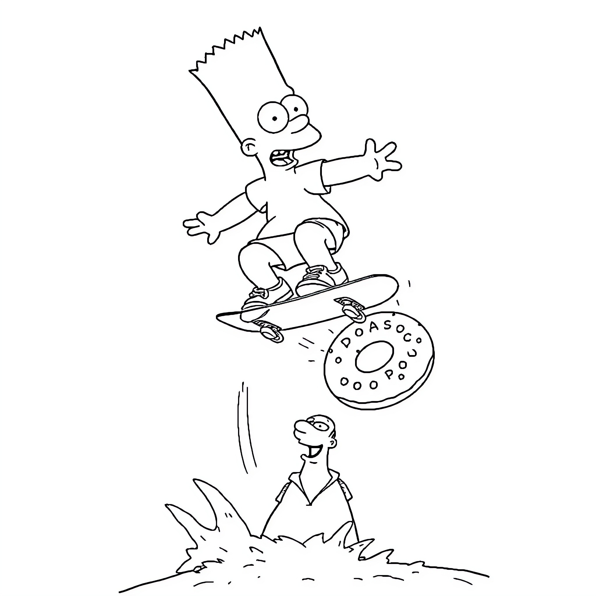 Bart skateboarding with exaggerated expressions Coloring Page (free black-and-white line drawing printable PDF for all, from beginners to advanced learners, including children, teens, adults, and seniors)