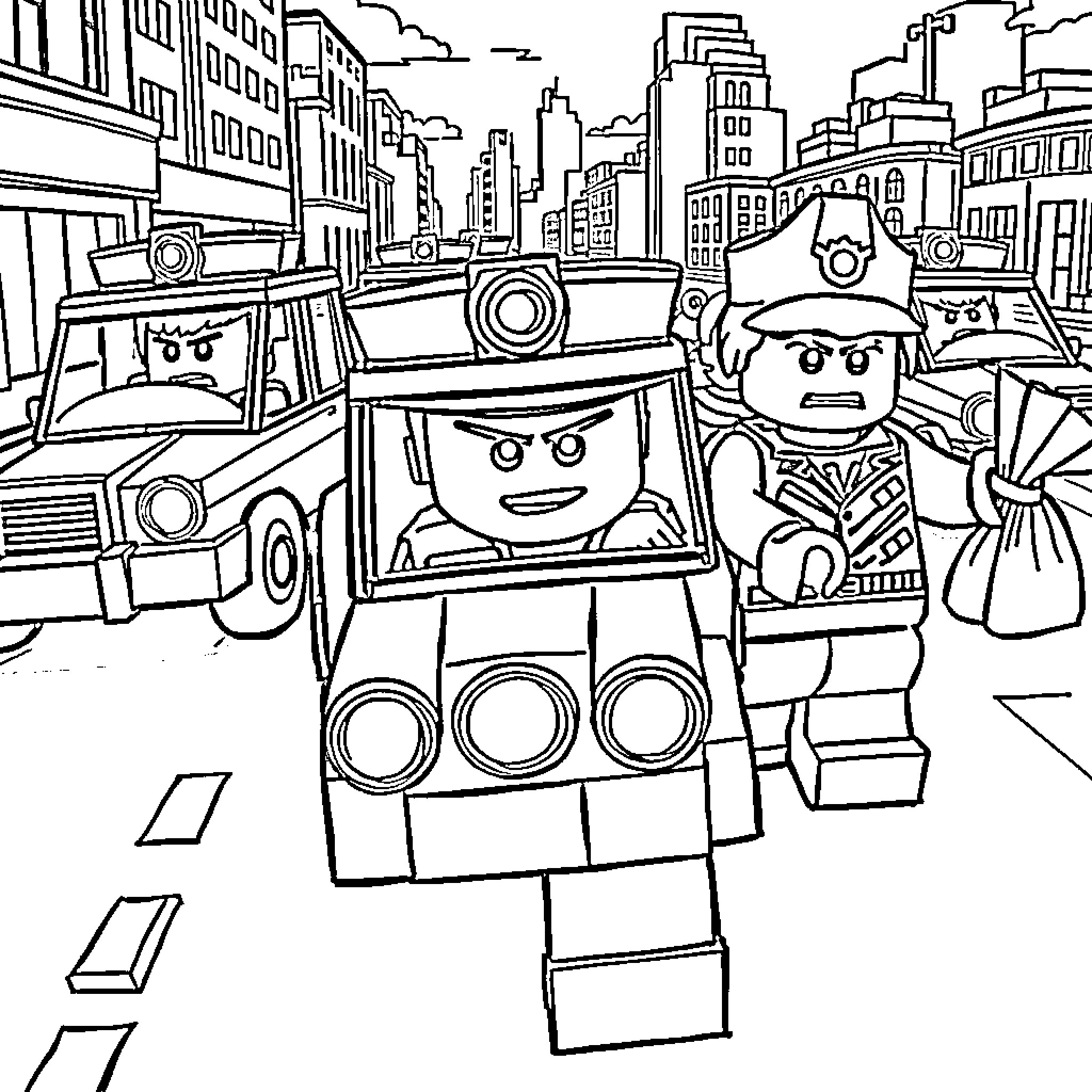 Police Officers Responding to a City Emergency Coloring Page (free black-and-white line drawing printable PDF for all, from beginners to advanced learners, including children, teens, adults, and seniors)