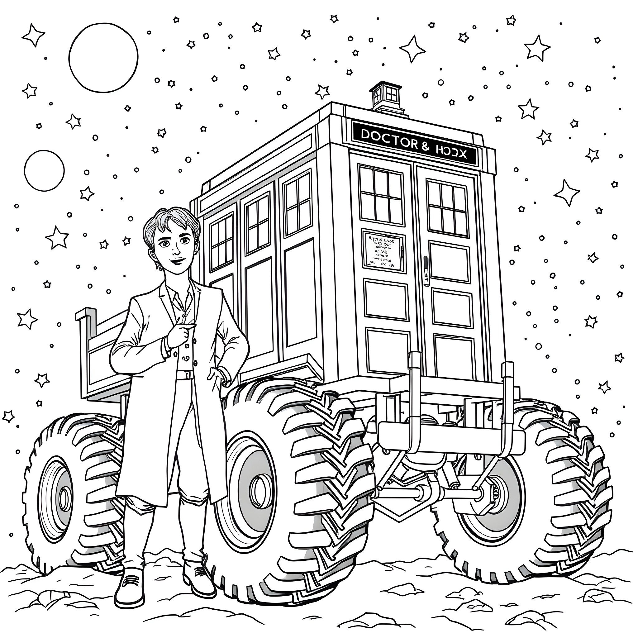 Doctor Who's Cosmic Adventure in the TARDIS Coloring Page (free black-and-white line drawing printable PDF for all, from beginners to advanced learners, including children, teens, adults, and seniors)