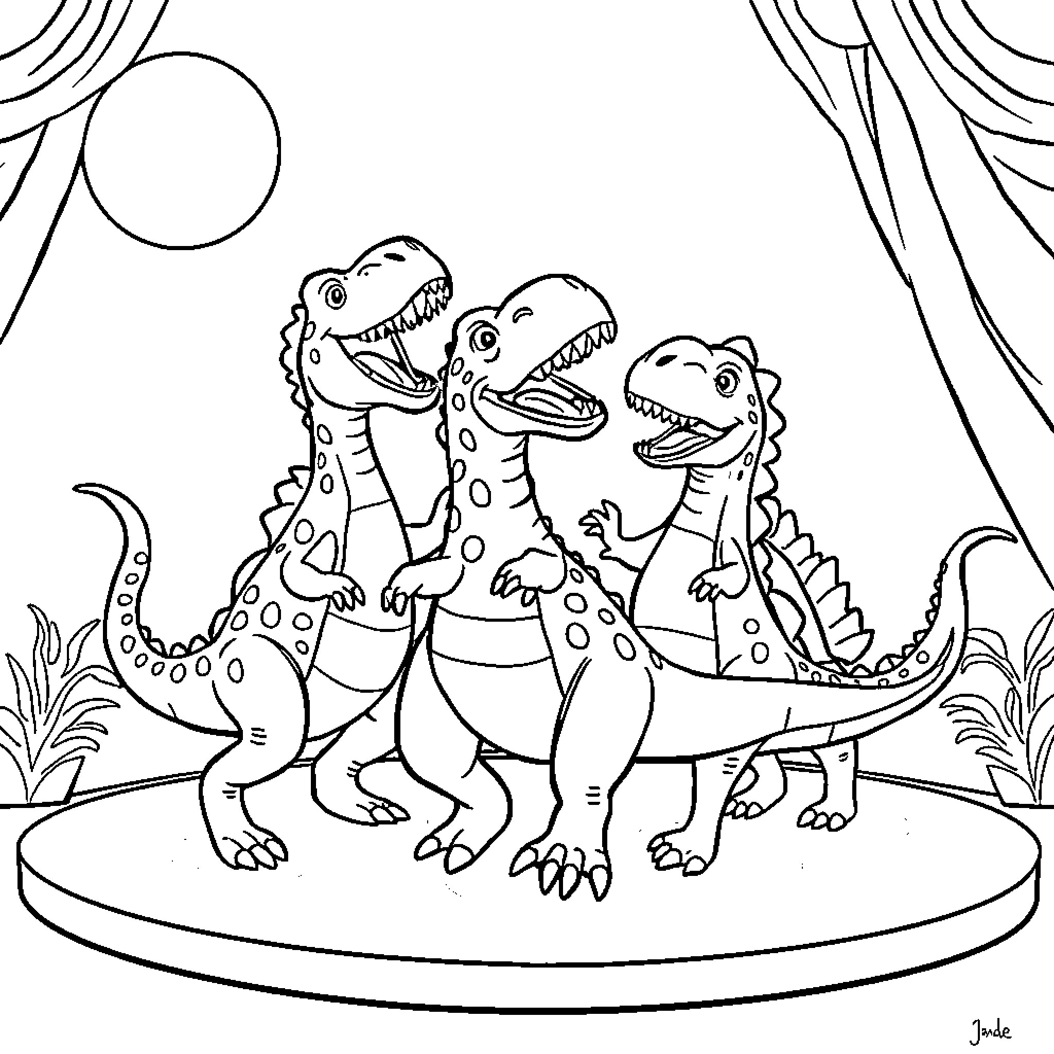 Dinosaurs performing on stage Coloring Page (free black-and-white line drawing printable PDF for all, from beginners to advanced learners, including children, teens, adults, and seniors)