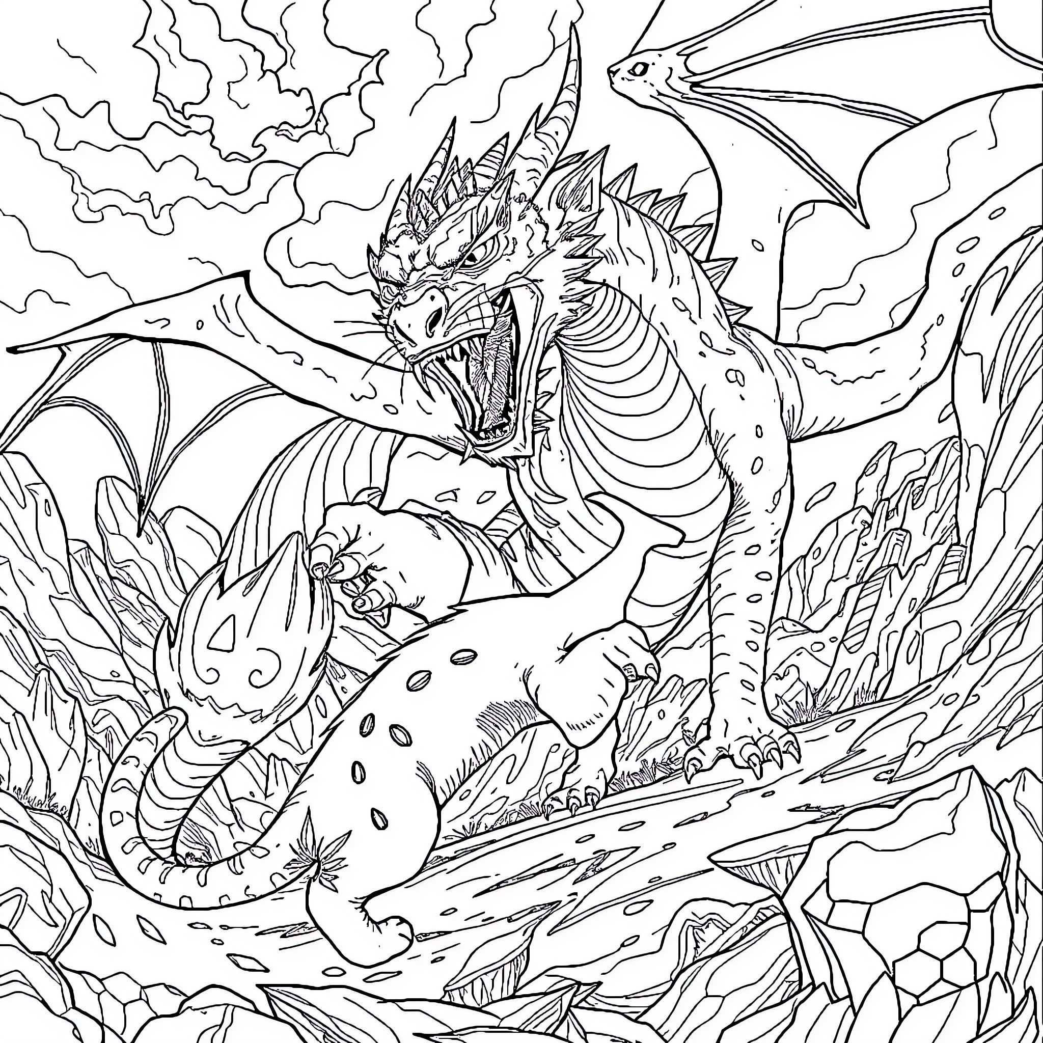 Cat dragon breathing fire in a fantasy landscape Coloring Page (free black-and-white line drawing printable PDF for all, from beginners to advanced learners, including children, teens, adults, and seniors)