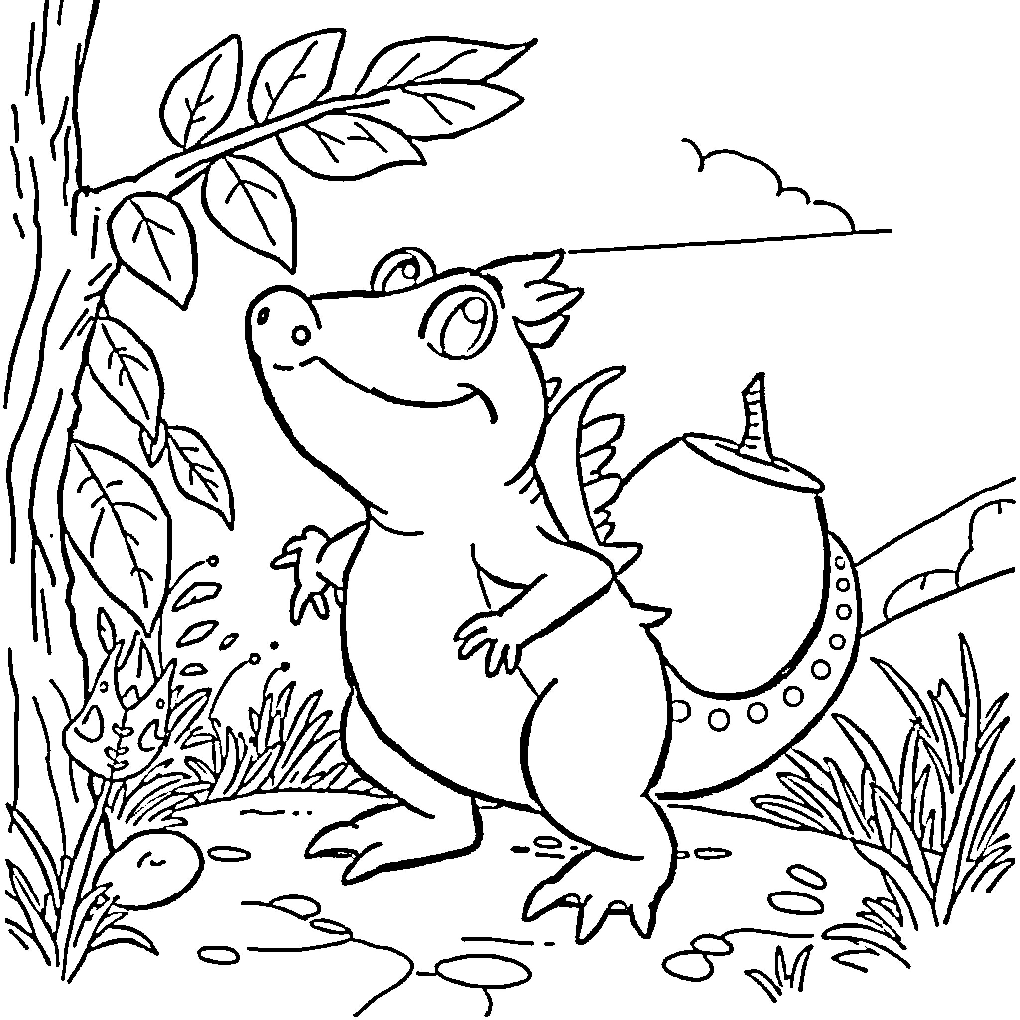 Gorda the friendly forest frog Coloring Page (free black-and-white line drawing printable PDF for all, from beginners to advanced learners, including children, teens, adults, and seniors)