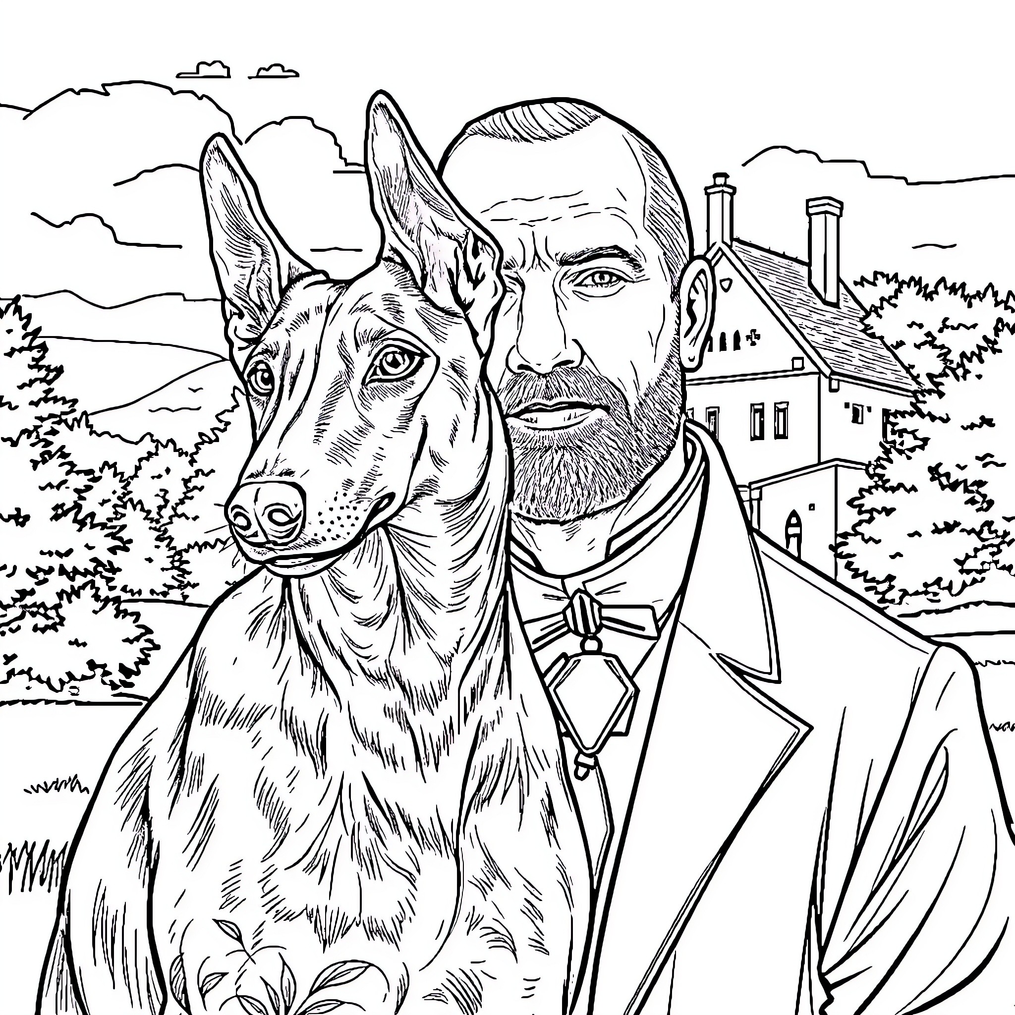 Greyhound and man in formal attire standing in rural setting Coloring Page (free black-and-white line drawing printable PDF for all, from beginners to advanced learners, including children, teens, adults, and seniors)