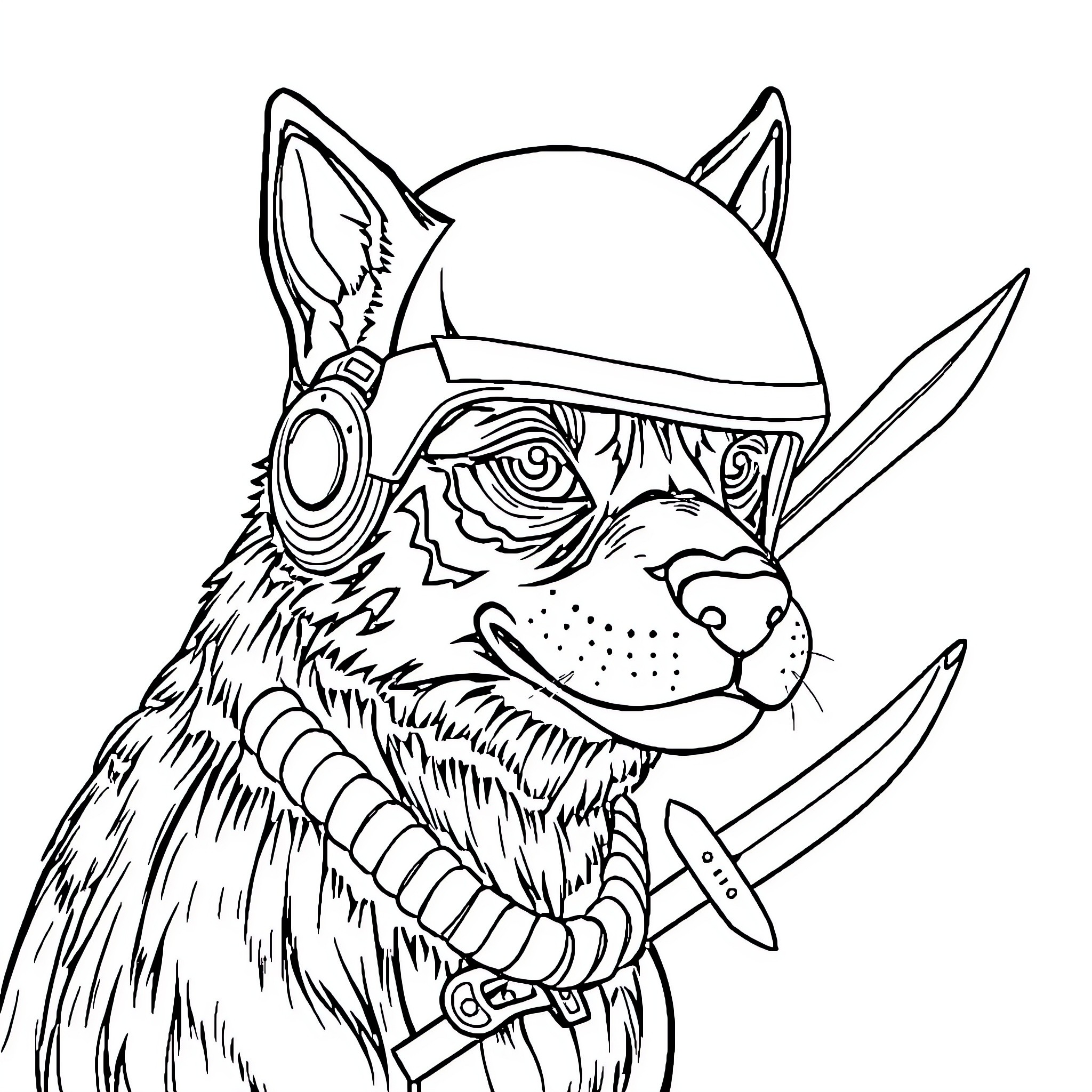 Samurai Dog Wielding Swords with Fierce Expression Coloring Page (free black-and-white line drawing printable PDF for all, from beginners to advanced learners, including children, teens, adults, and seniors)