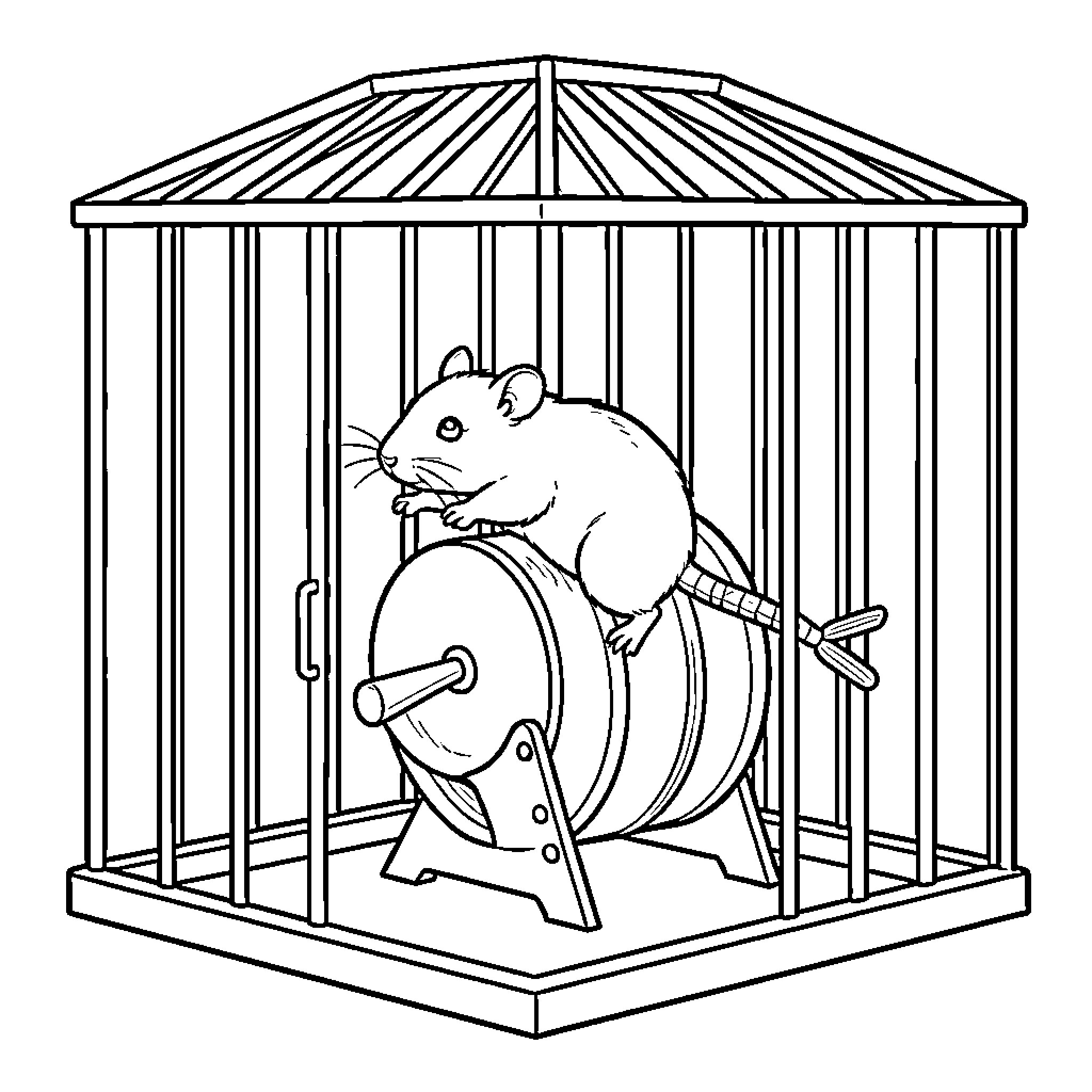 Hamster running on a wheel inside a cage Coloring Page (free black-and-white line drawing printable PDF for all, from beginners to advanced learners, including children, teens, adults, and seniors)