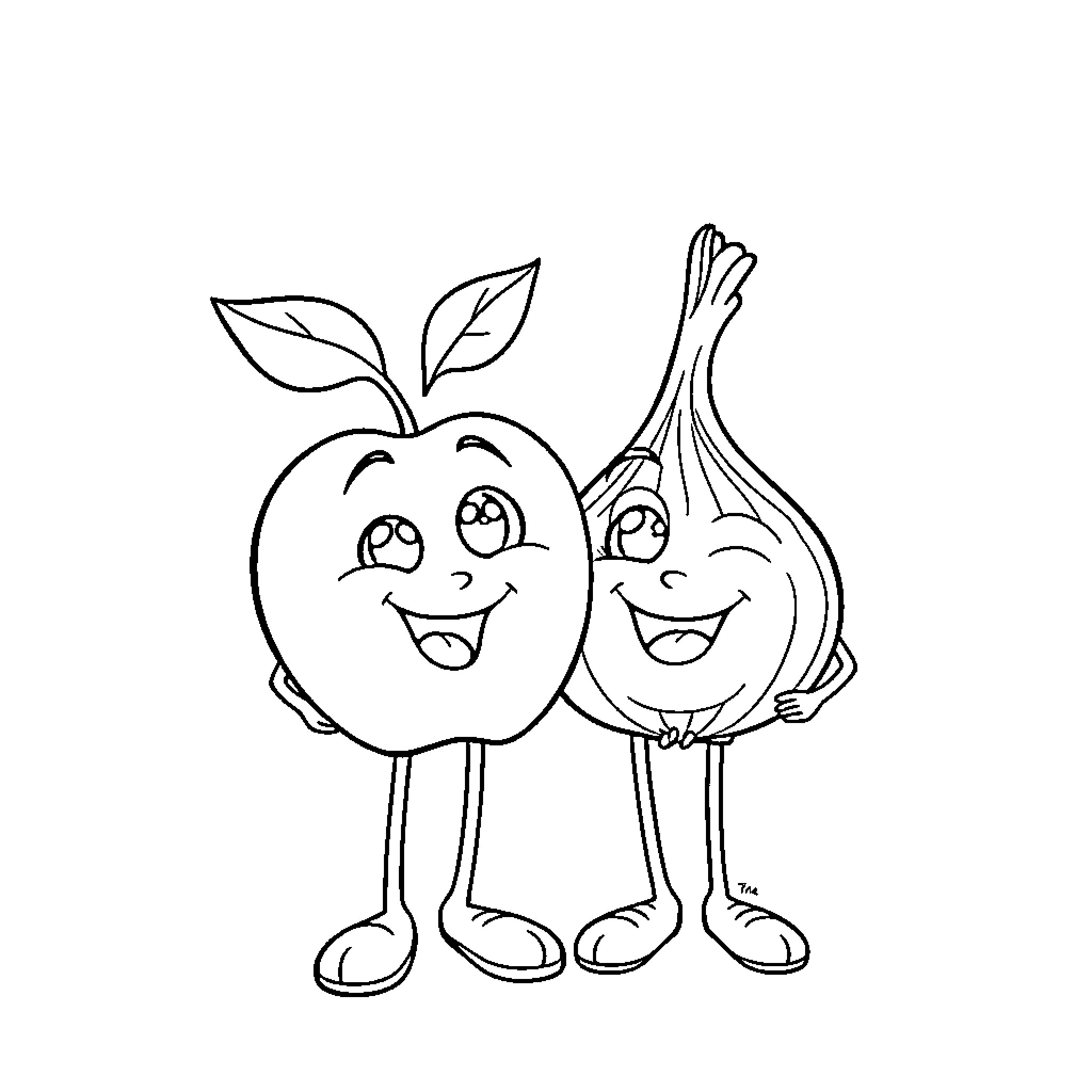Apple and Onion having a friendly conversation Coloring Page (free black-and-white line drawing printable PDF for all, from beginners to advanced learners, including children, teens, adults, and seniors)