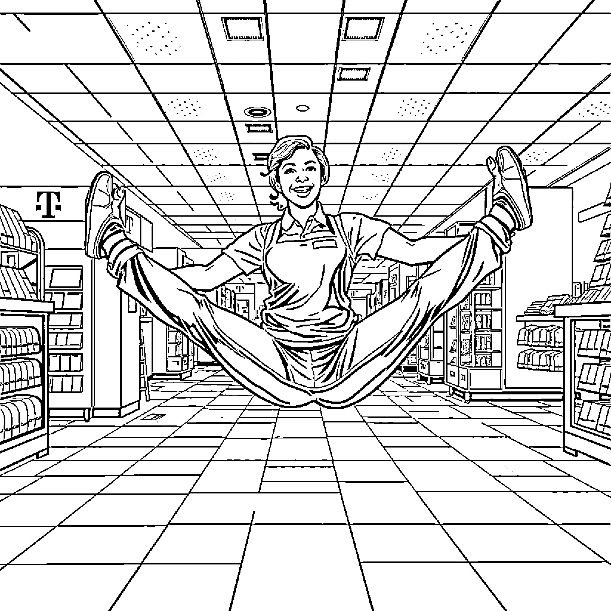 Employee floating in store aisle Coloring Page (free black-and-white line drawing printable PDF for all, from beginners to advanced learners, including children, teens, adults, and seniors)
