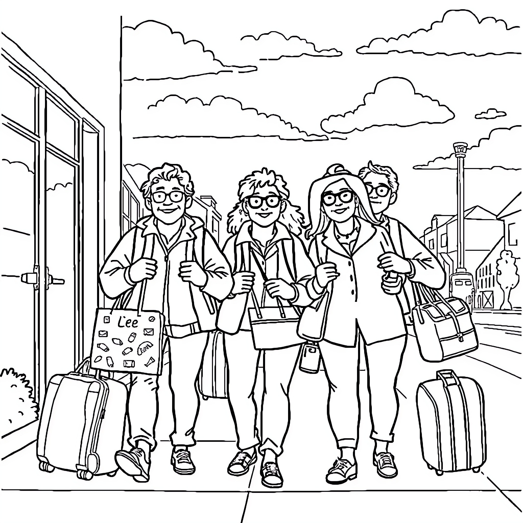 Prof group of people walking with luggage on street Coloring Page (free black-and-white line drawing printable PDF for all, from beginners to advanced learners, including children, teens, adults, and seniors)