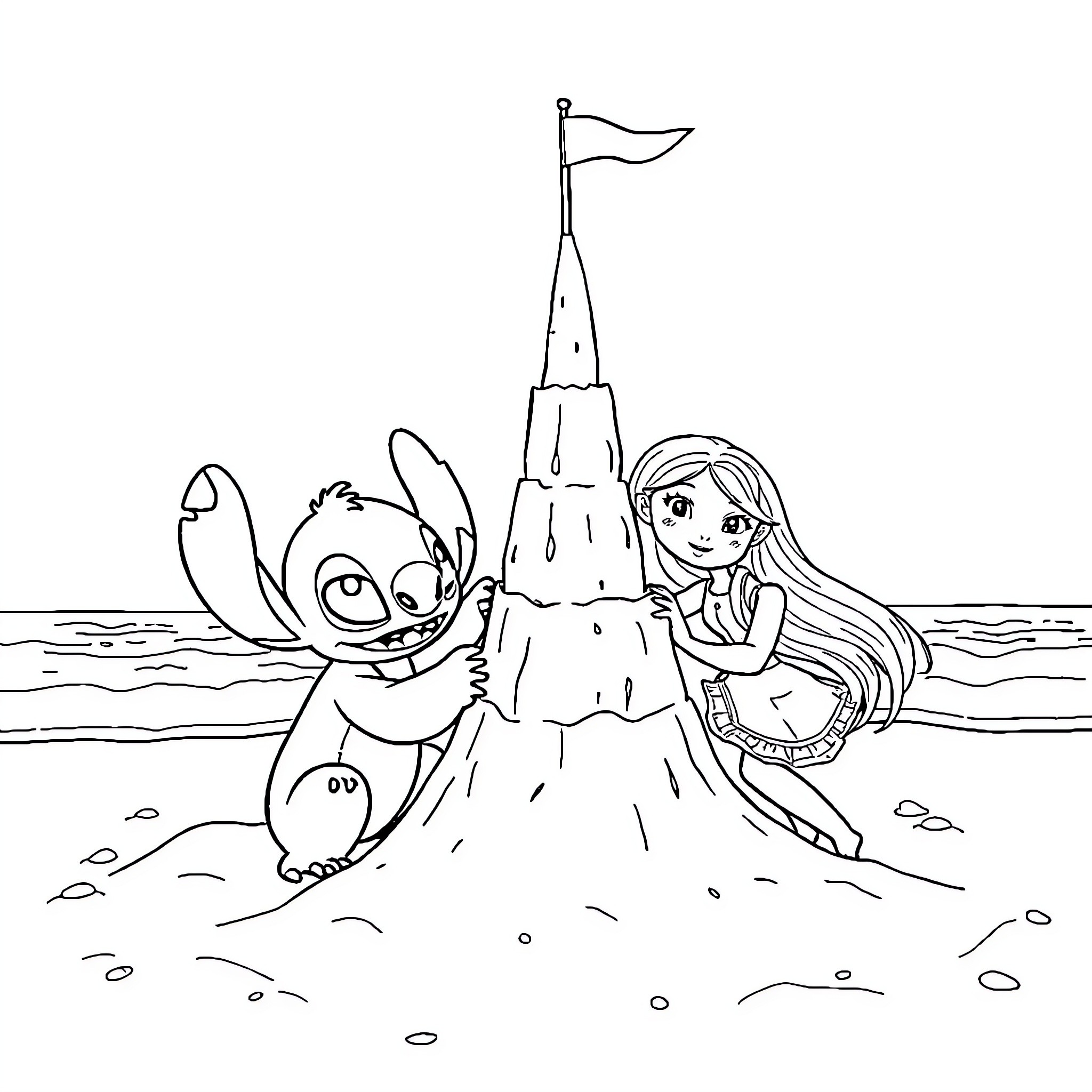 Stitch and Girl Building Sand Castle on Beach Coloring Page (free black-and-white line drawing printable PDF for all, from beginners to advanced learners, including children, teens, adults, and seniors)