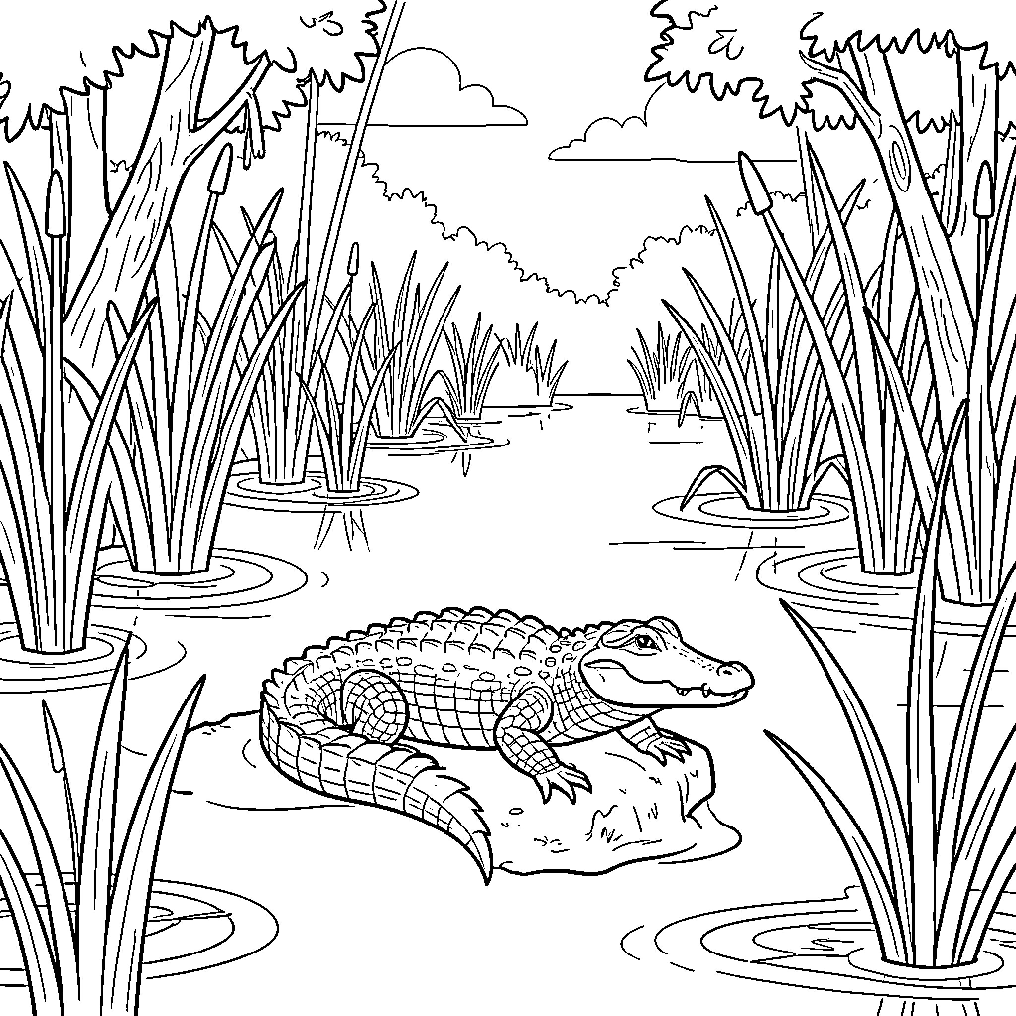 Alligator resting in a tranquil swamp Coloring Page (free black-and-white line drawing printable PDF for all, from beginners to advanced learners, including children, teens, adults, and seniors)
