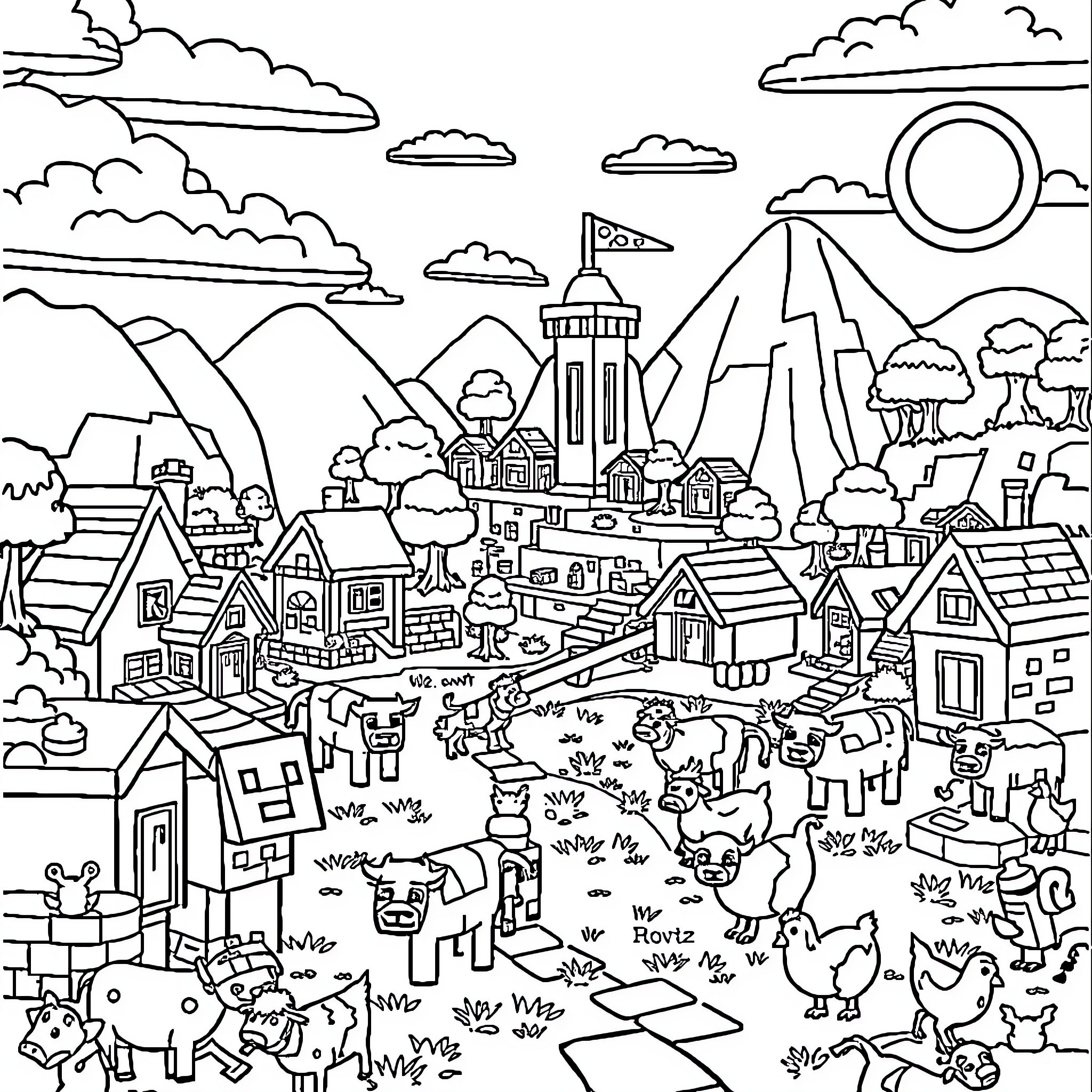 Minecraft Village with Diverse Structures and Inhabitants Coloring Page (free black-and-white line drawing printable PDF for all, from beginners to advanced learners, including children, teens, adults, and seniors)