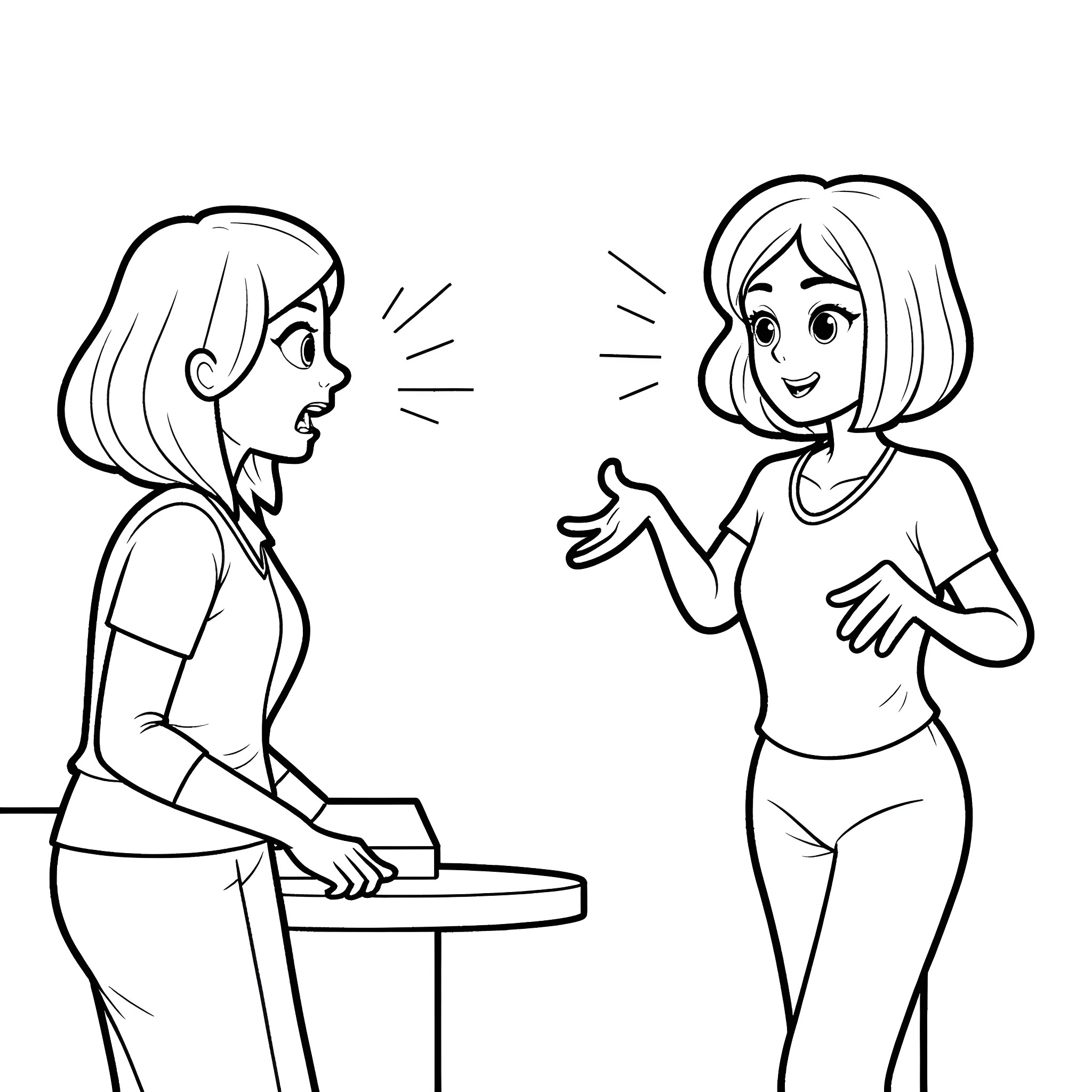 Women engaged in lively conversation Coloring Page (free black-and-white line drawing printable PDF for all, from beginners to advanced learners, including children, teens, adults, and seniors)