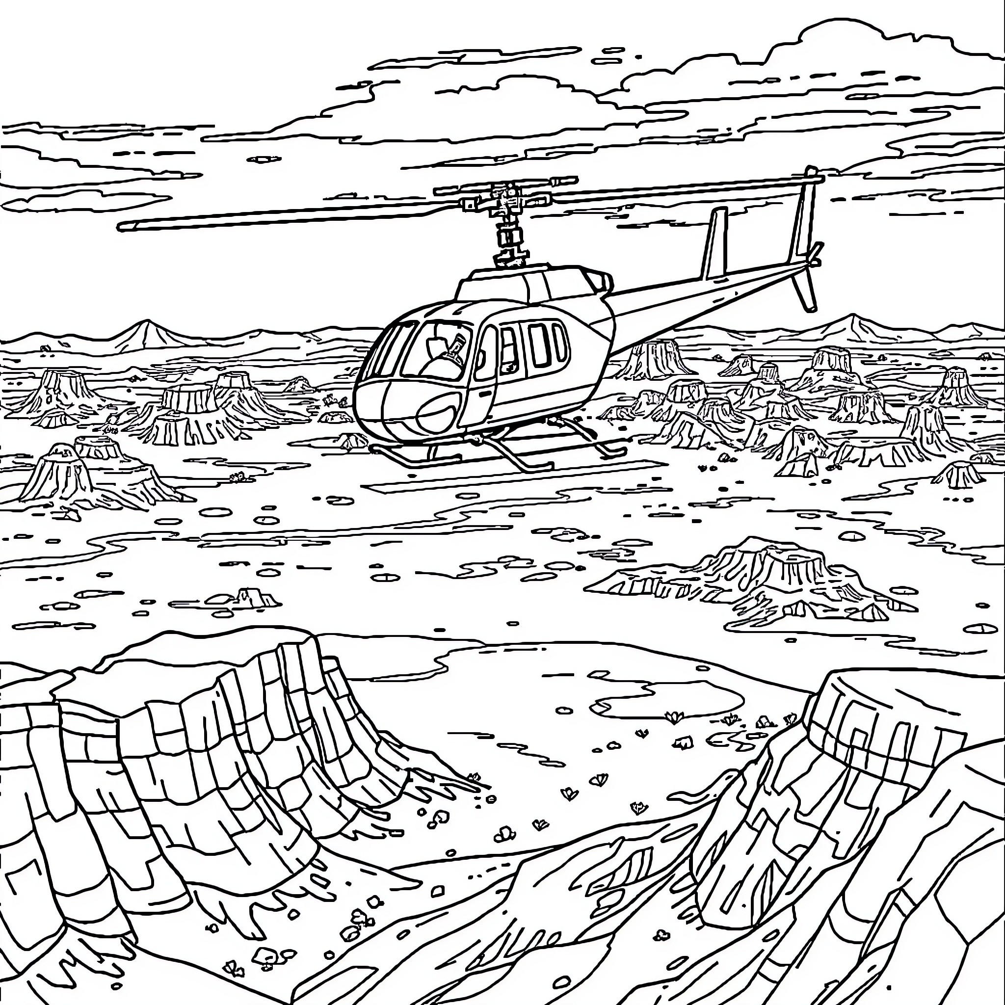 Helicopter flying over dramatic mountain landscape Coloring Page (free black-and-white line drawing printable PDF for all, from beginners to advanced learners, including children, teens, adults, and seniors)