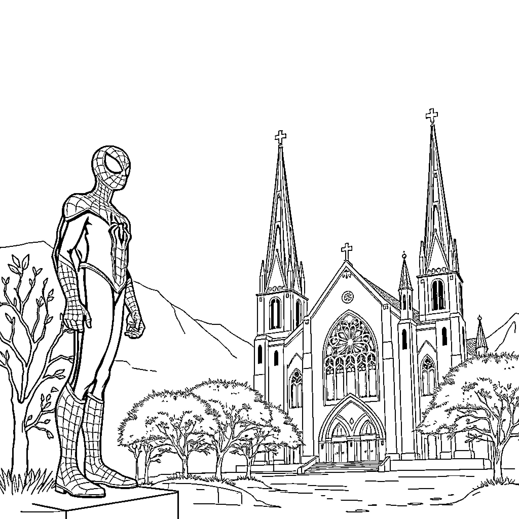 Spiderman exploring a Gothic cathedral landscape Coloring Page (free black-and-white line drawing printable PDF for all, from beginners to advanced learners, including children, teens, adults, and seniors)