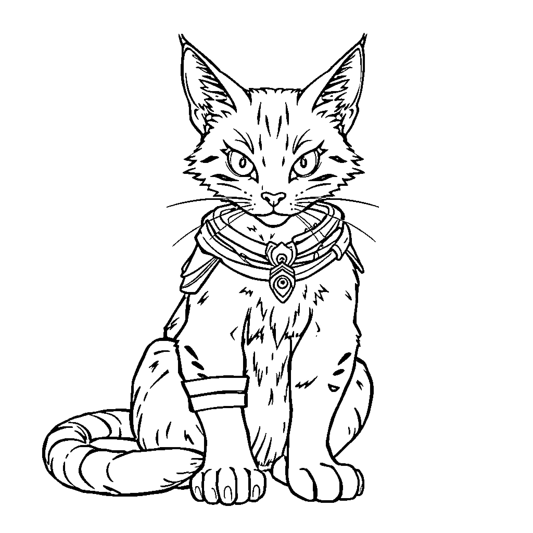 Cat with magical amulet on a black and white sketch Coloring Page (free black-and-white line drawing printable PDF for all, from beginners to advanced learners, including children, teens, adults, and seniors)