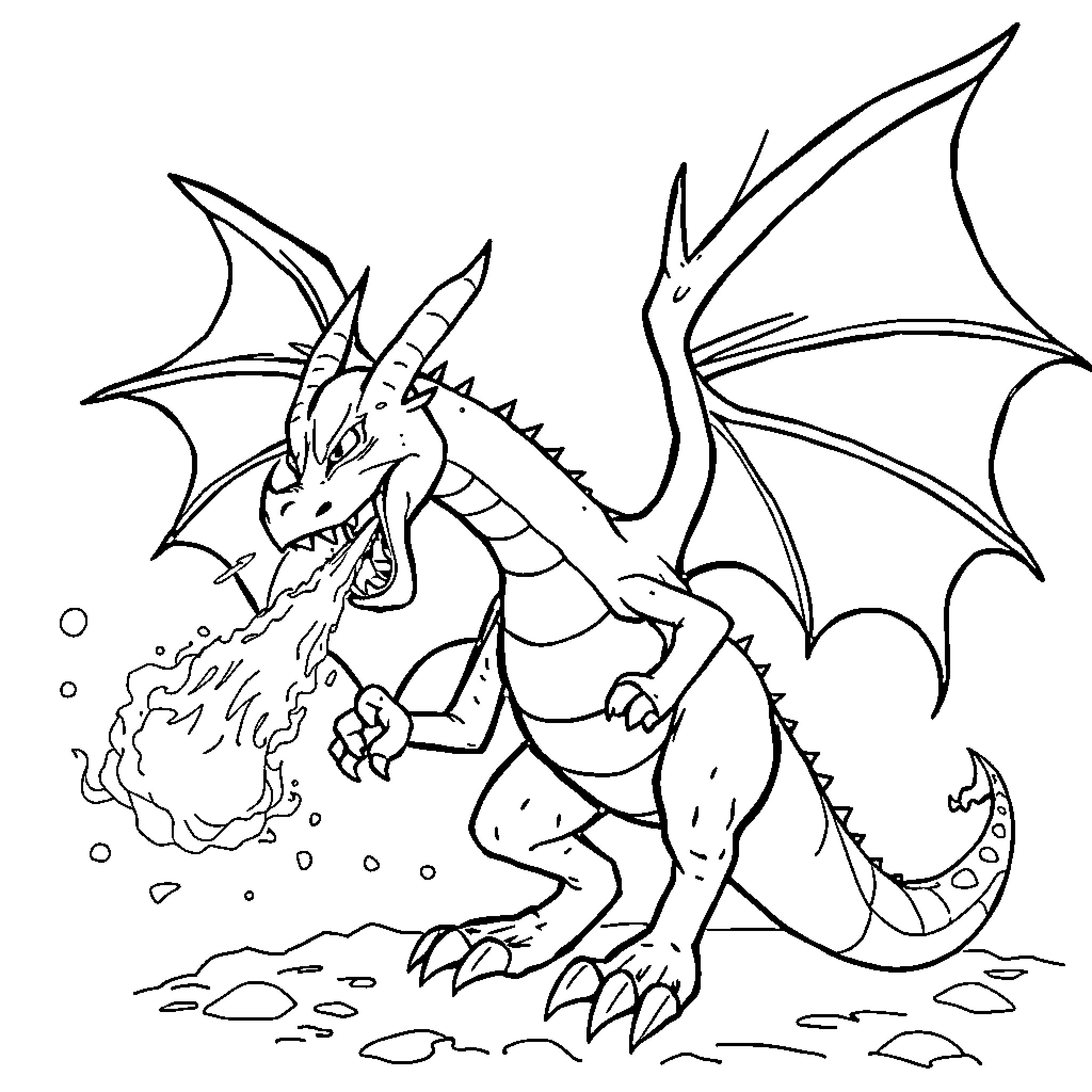 Dragofeu breathing fire in the wilderness Coloring Page (free black-and-white line drawing printable PDF for all, from beginners to advanced learners, including children, teens, adults, and seniors)