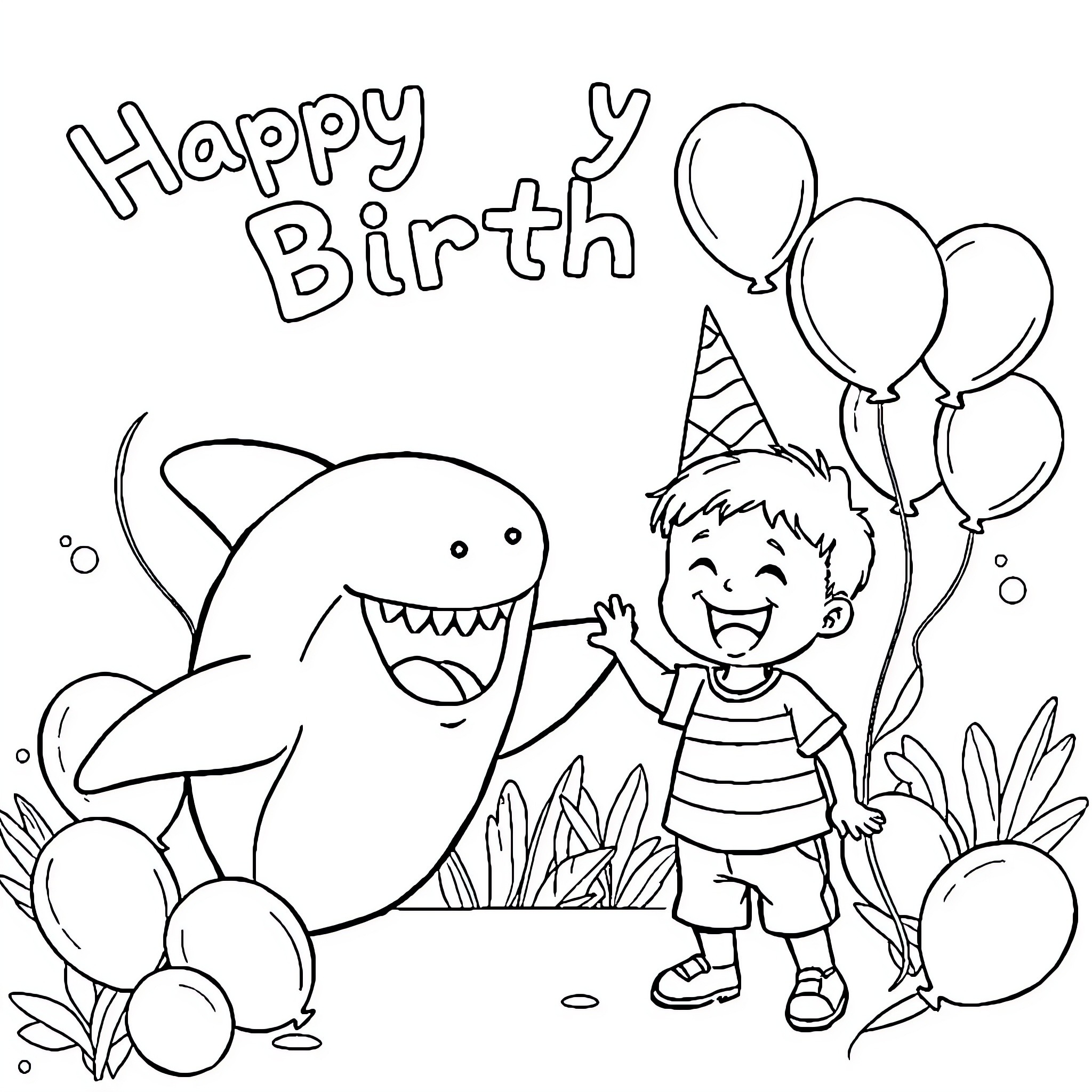 Shark and child celebrate happy birthday with balloons Coloring Page (free black-and-white line drawing printable PDF for all, from beginners to advanced learners, including children, teens, adults, and seniors)
