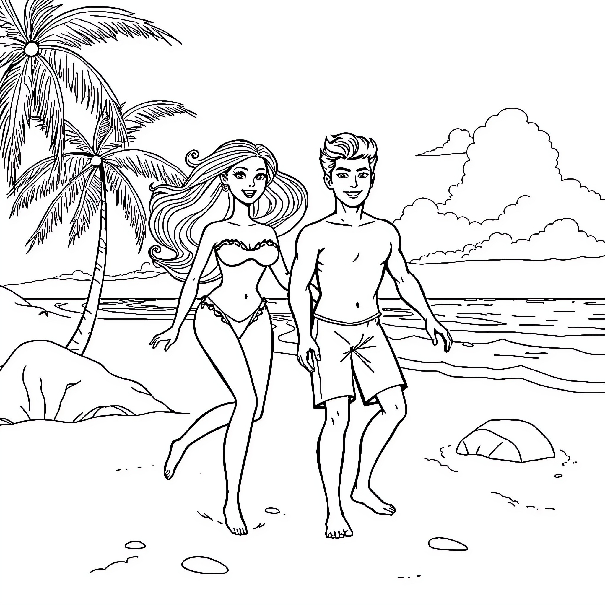 Barbie and Ken enjoying a tropical beach scene Coloring Page (free black-and-white line drawing printable PDF for all, from beginners to advanced learners, including children, teens, adults, and seniors)