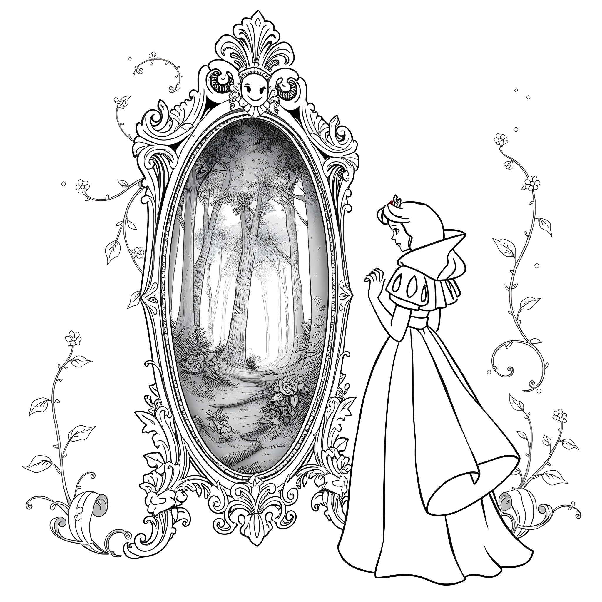 Snow White exploring the enchanted forest mirror Coloring Page (free black-and-white line drawing printable PDF for all, from beginners to advanced learners, including children, teens, adults, and seniors)